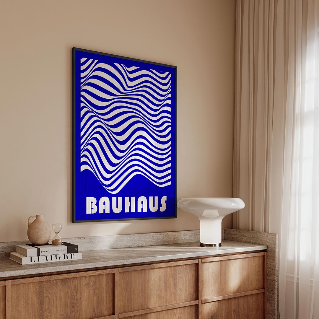Golvend lijnenspel – geometrische Bauhaus poster in staand formaat