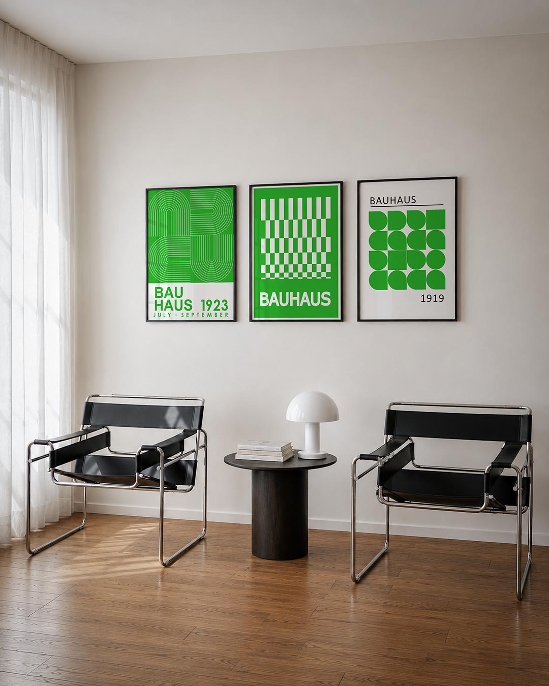 Lijnen en kleurvlakken posterset – tweede productweergave – deze posterset in drie delen toont een levendig spel van groene