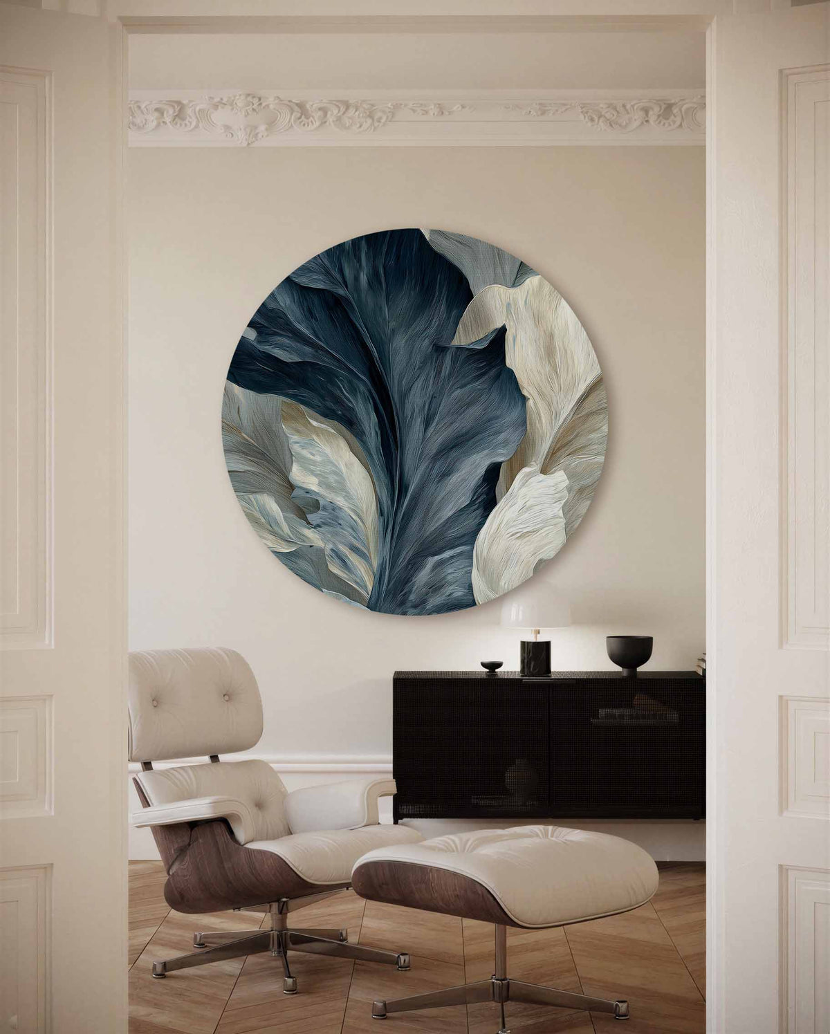 Bladeren in blauw en beige – portret muurcirkel als ronde muurdecoratie