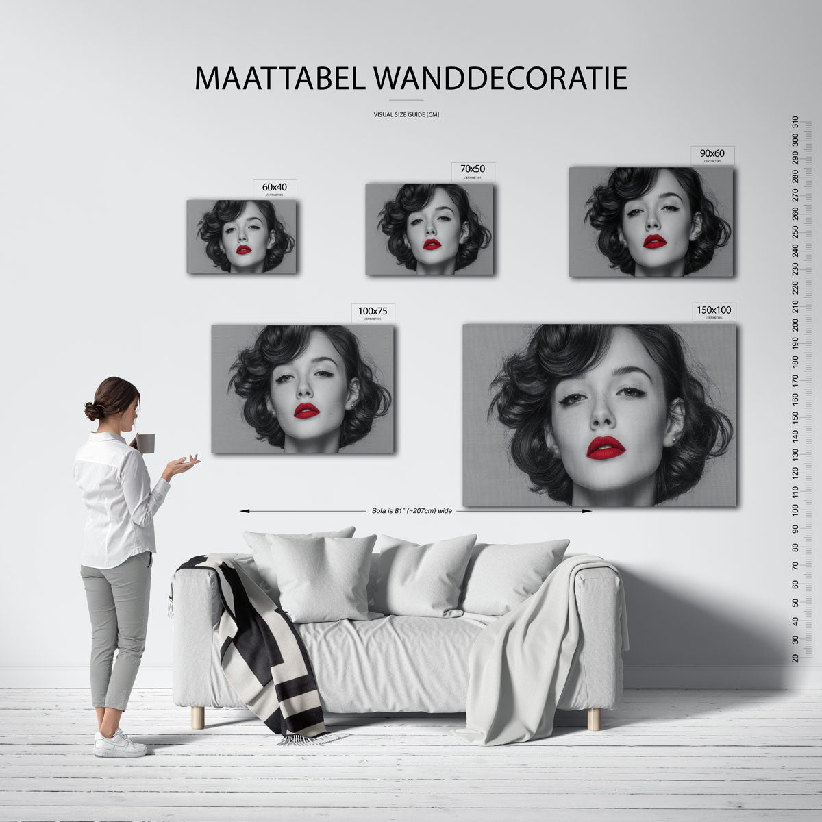 Portret met rode lippen – moderne liggende wanddecoratie