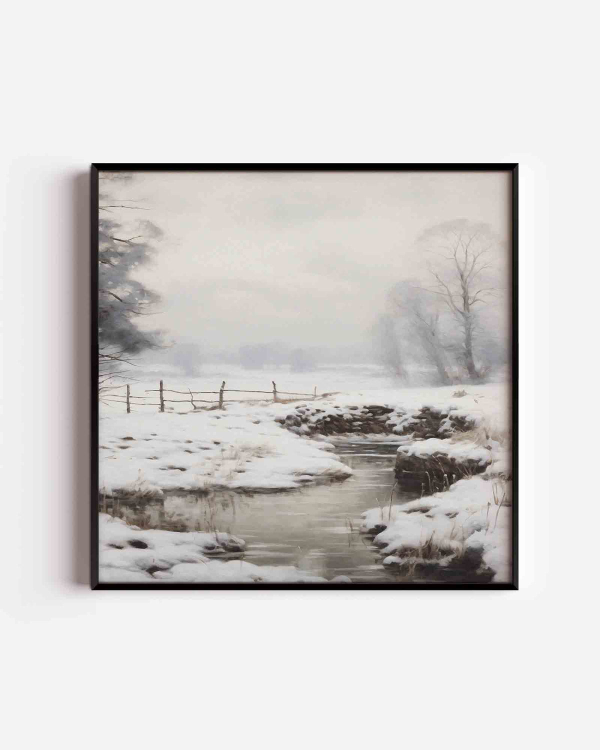 Winterlandschap met beek – vintage vierkante poster als wanddecoratie