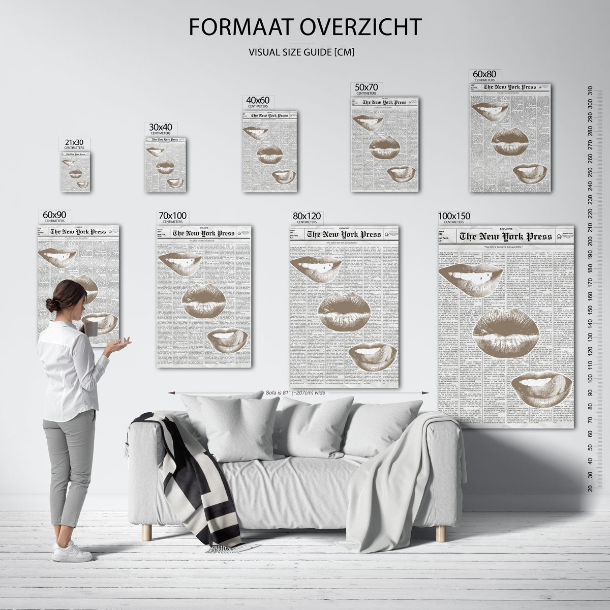 Drie lippen op krantenachtergrond – staande muurposter in Pop Art stijl