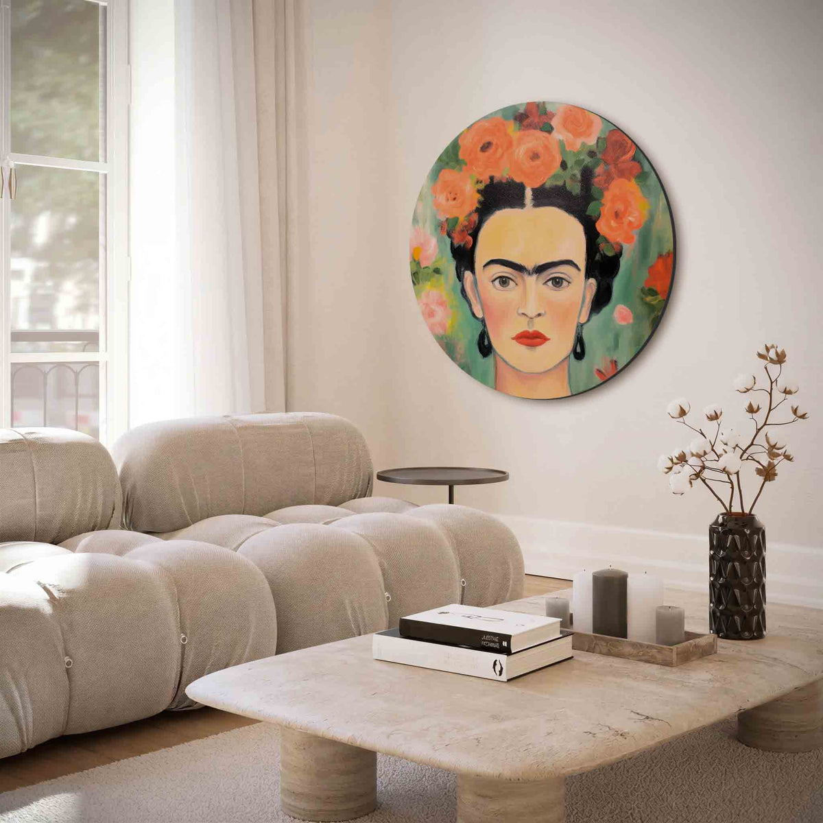 Portret met bloemen – muurcirkel met abstracte texturen voor aan de muur