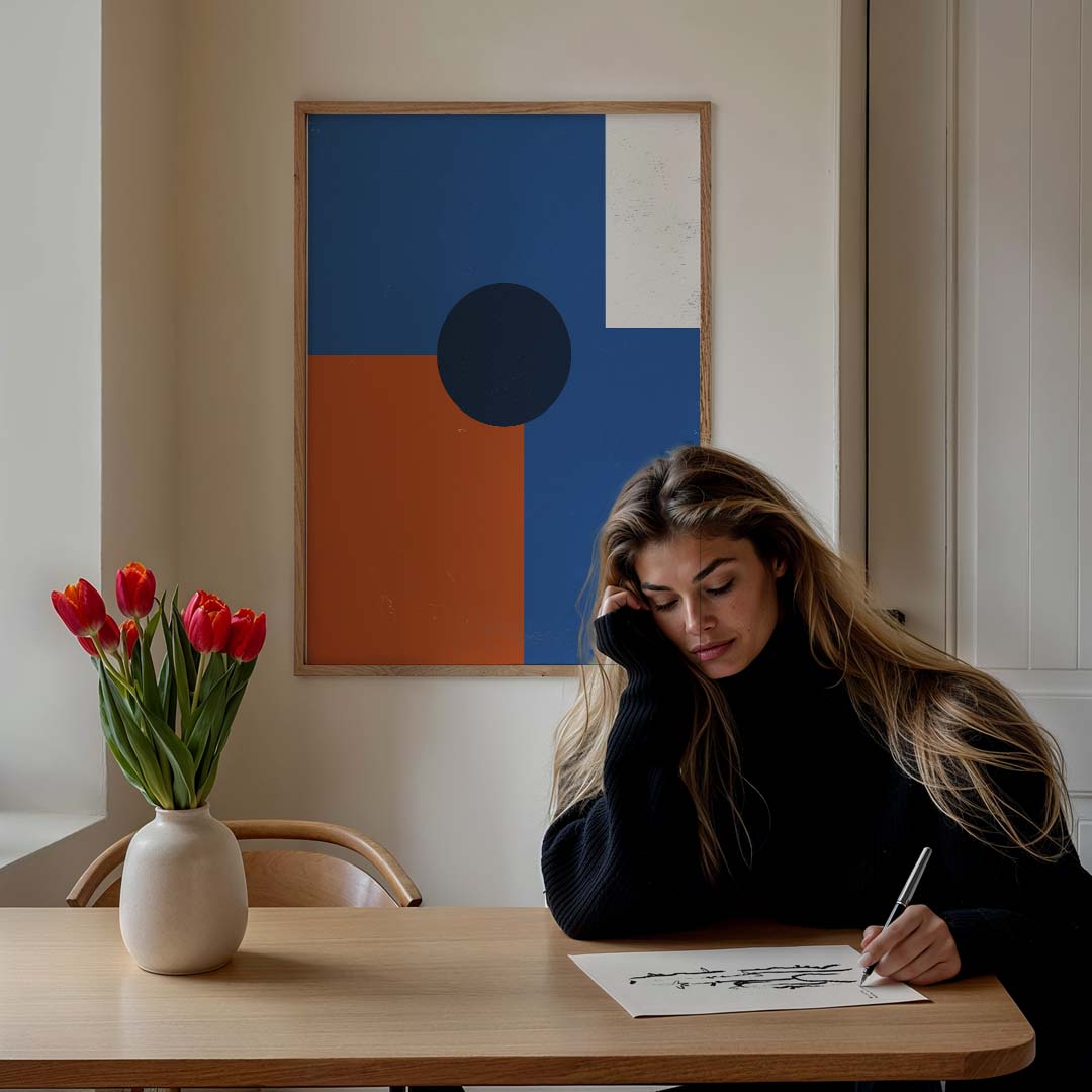 Stijlvolle Blauwe Geometrische – staande muurposter met kleurrijke abstracte vormen