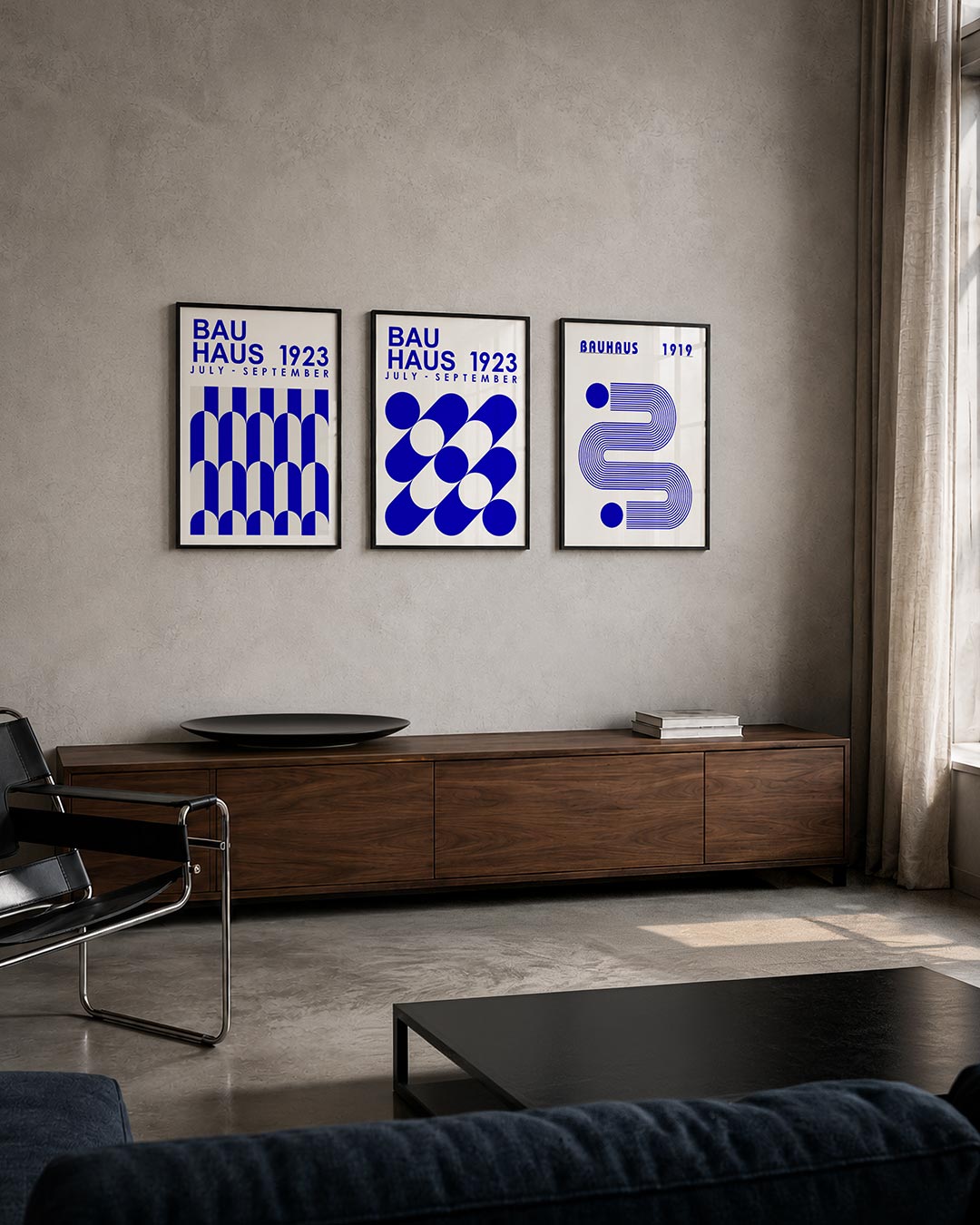 Kleurvlakken en lijnen posterset – tweede productweergave – deze posterset in drie delen toont een ritmisch spel van blauwe