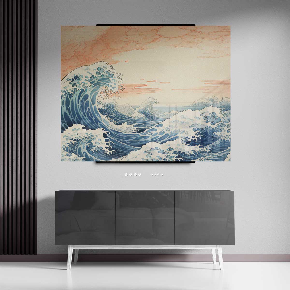 Dynamische Zeegolven Onder een Perzikkleurige Hemel – portret wandkunst van WallArtistic