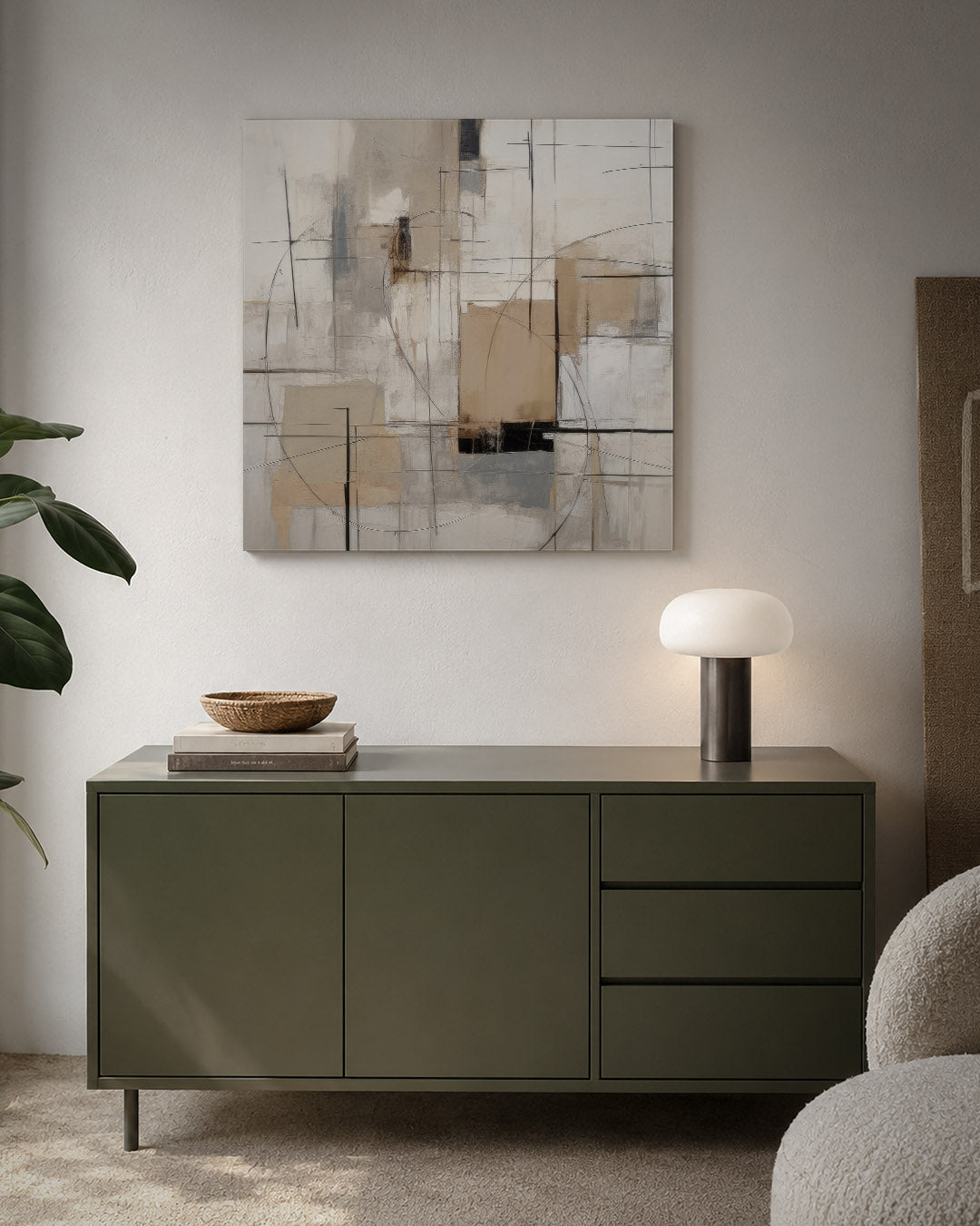 Geometrische lijnen kunstwerk – detailweergave – dit werk toont een dynamisch spel van lijnen en vlakken in neutrale tinten.