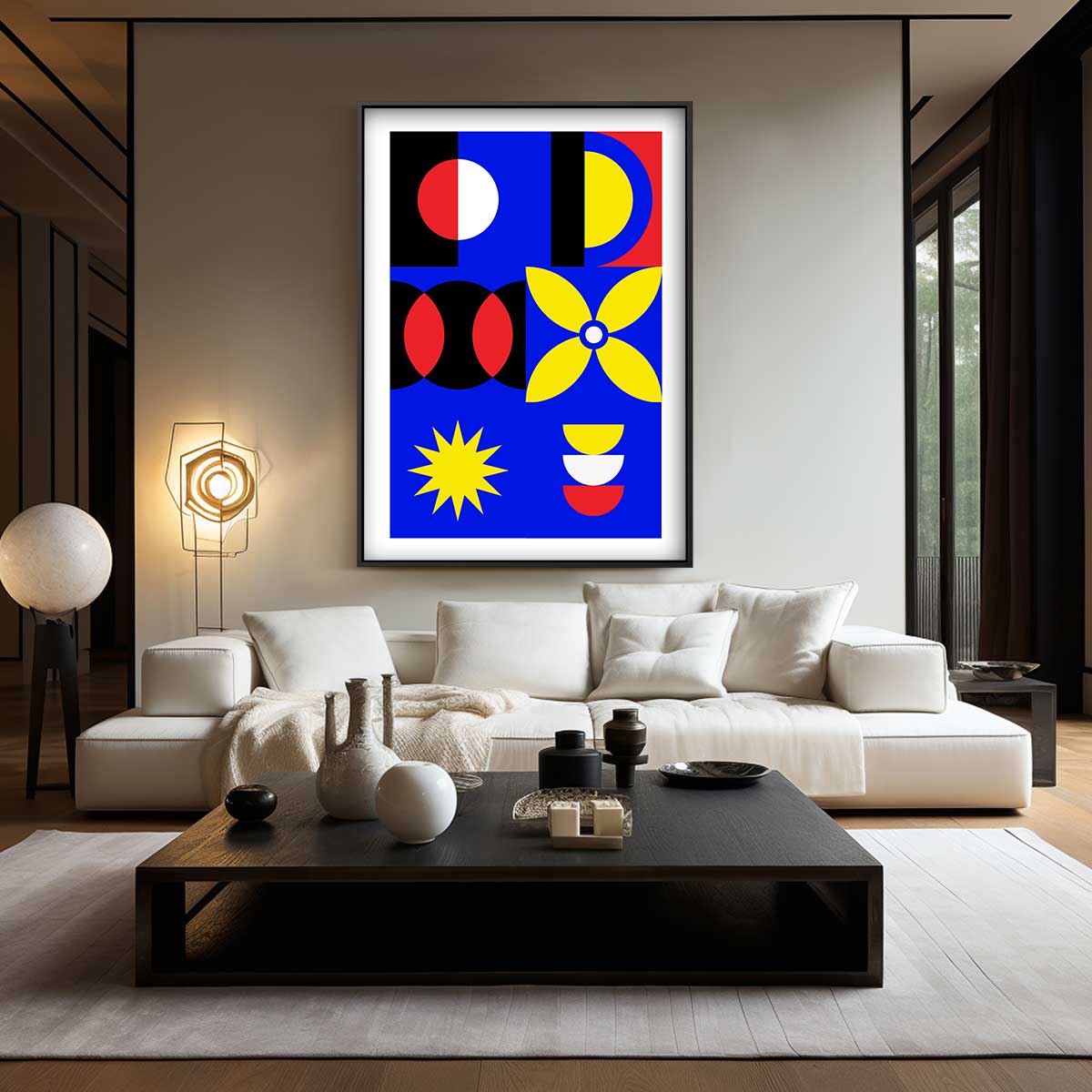 Kleurrijke Geometrische Compositie – kunstwerk met zwarte baklijst