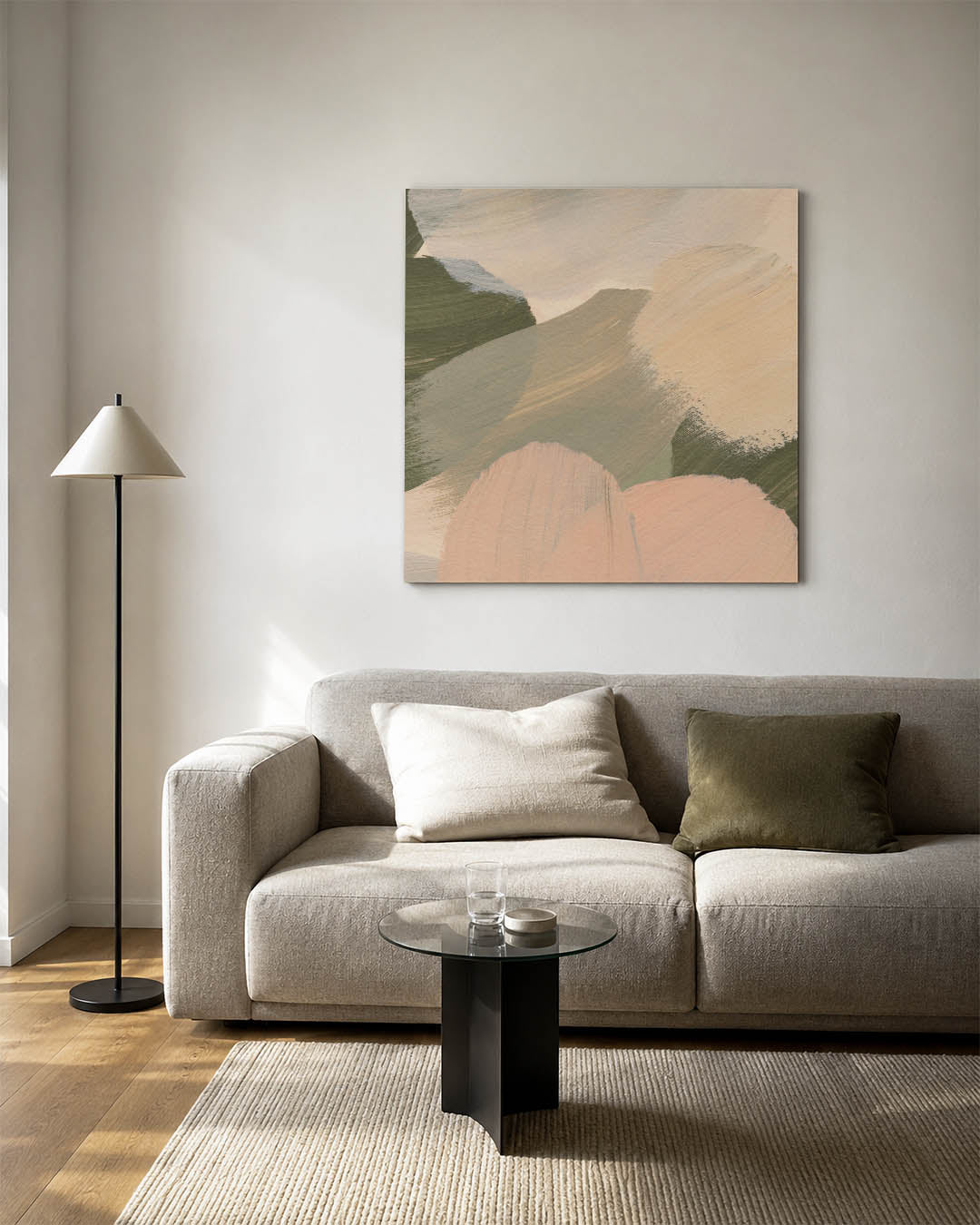 Zachte kleuren compositie kunstwerk – detailweergave – dit werk toont vloeiende penseelstreken in zachte tinten, met een