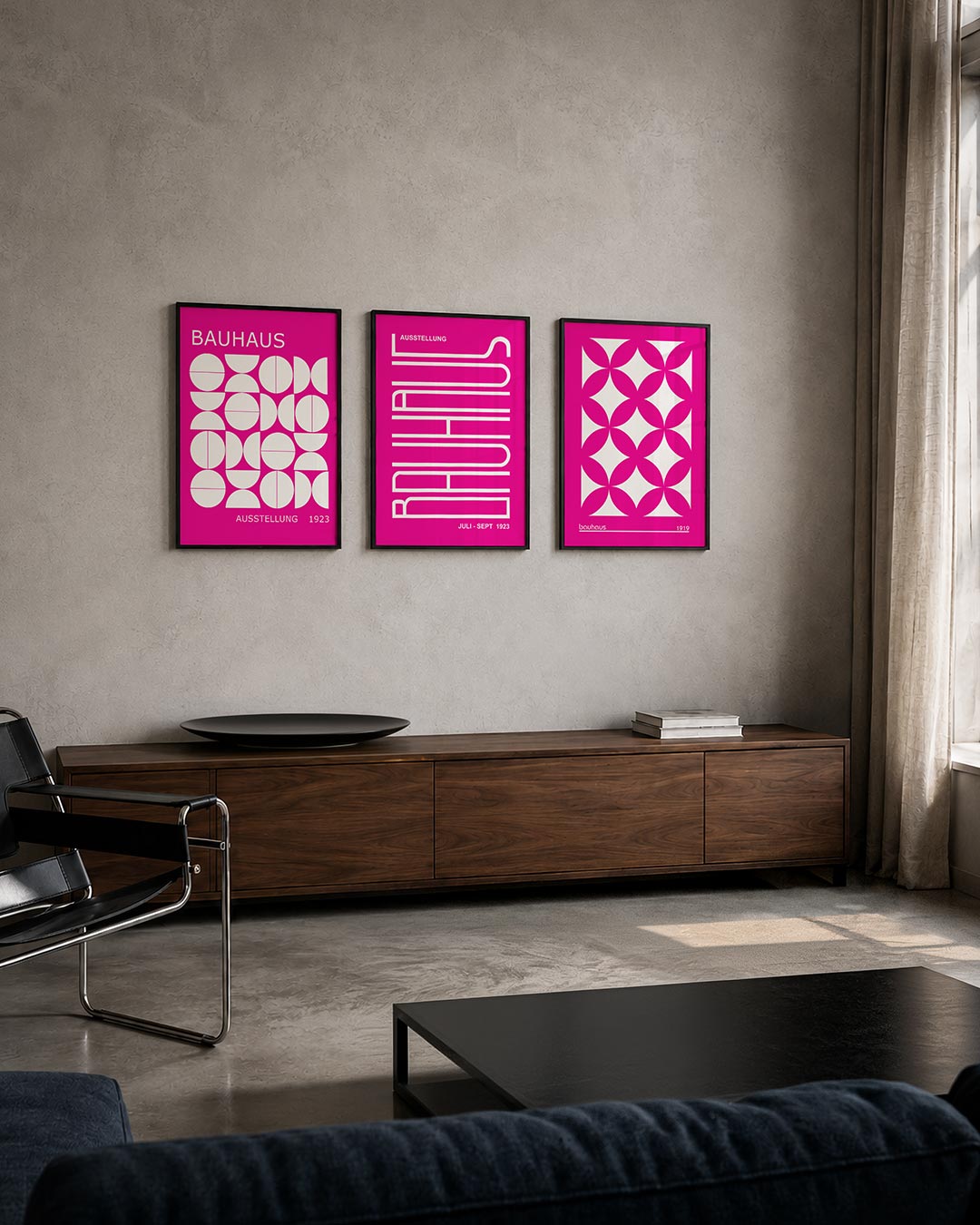 Vormen en vlakken driedelige posterset – deze posterset in drie delen toont een levendig spel van witte cirkels en halve