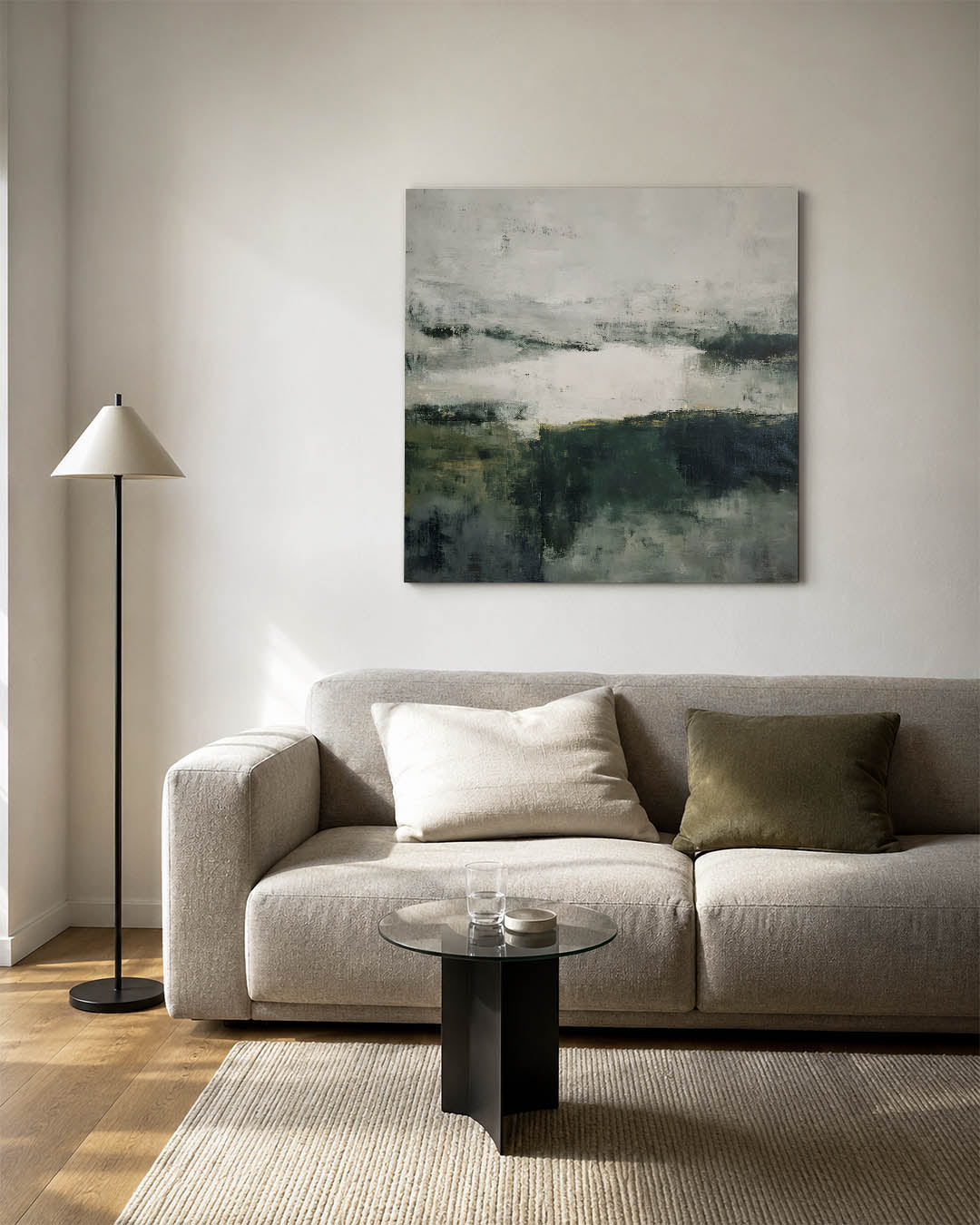 Verstilde landschapstinten kunstwerk – vierkante wanddecoratie – dit kunstwerk toont een harmonie van vervaagde lijnen en