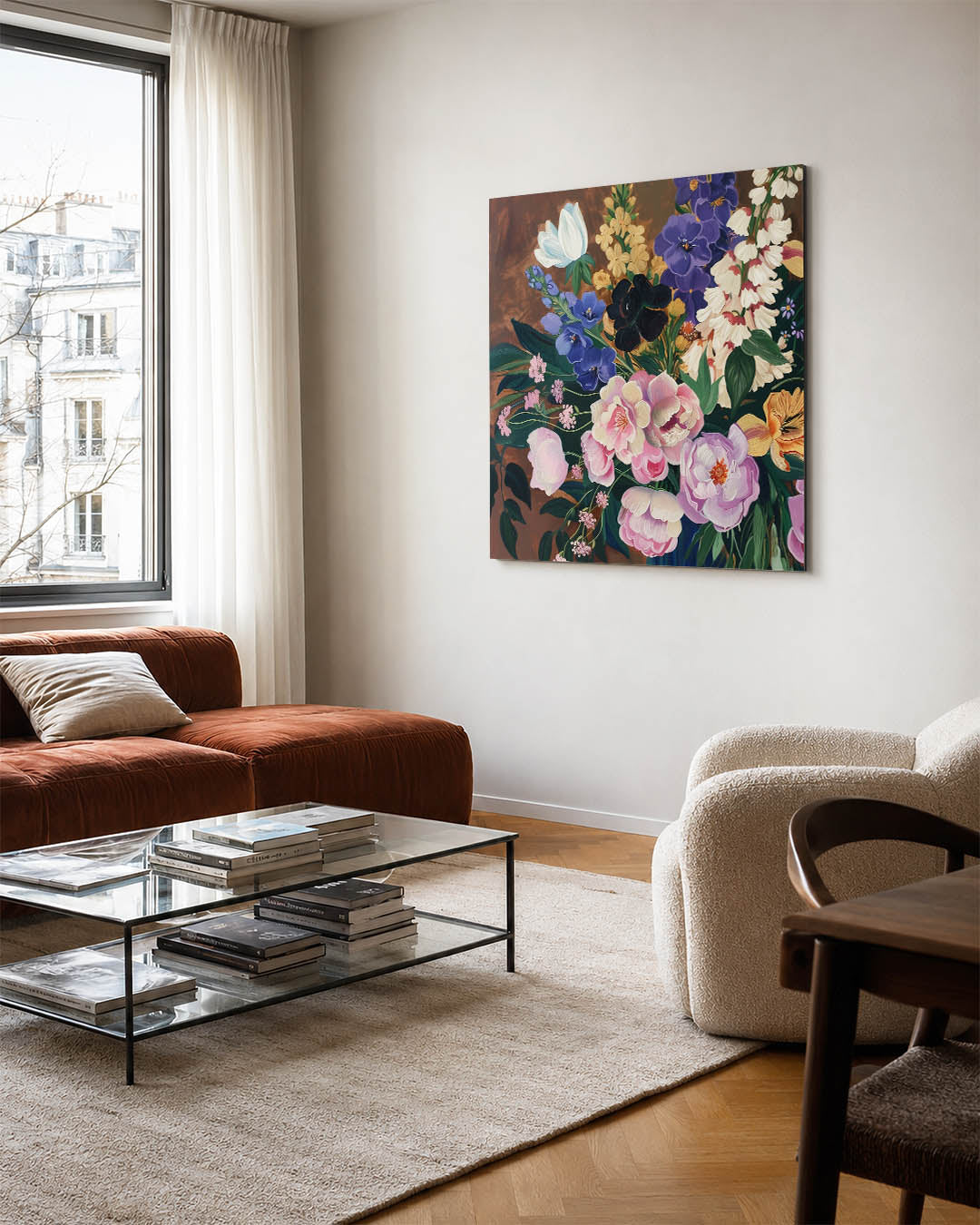 Bloemrijke compositie kunstwerk – vierkante wanddecoratie – dit werk toont een levendige verzameling bloemen in diverse