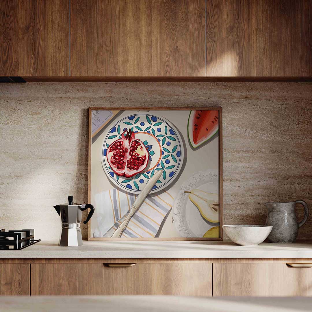 Fruit en servies – culinaire wandkunst als vierkante poster