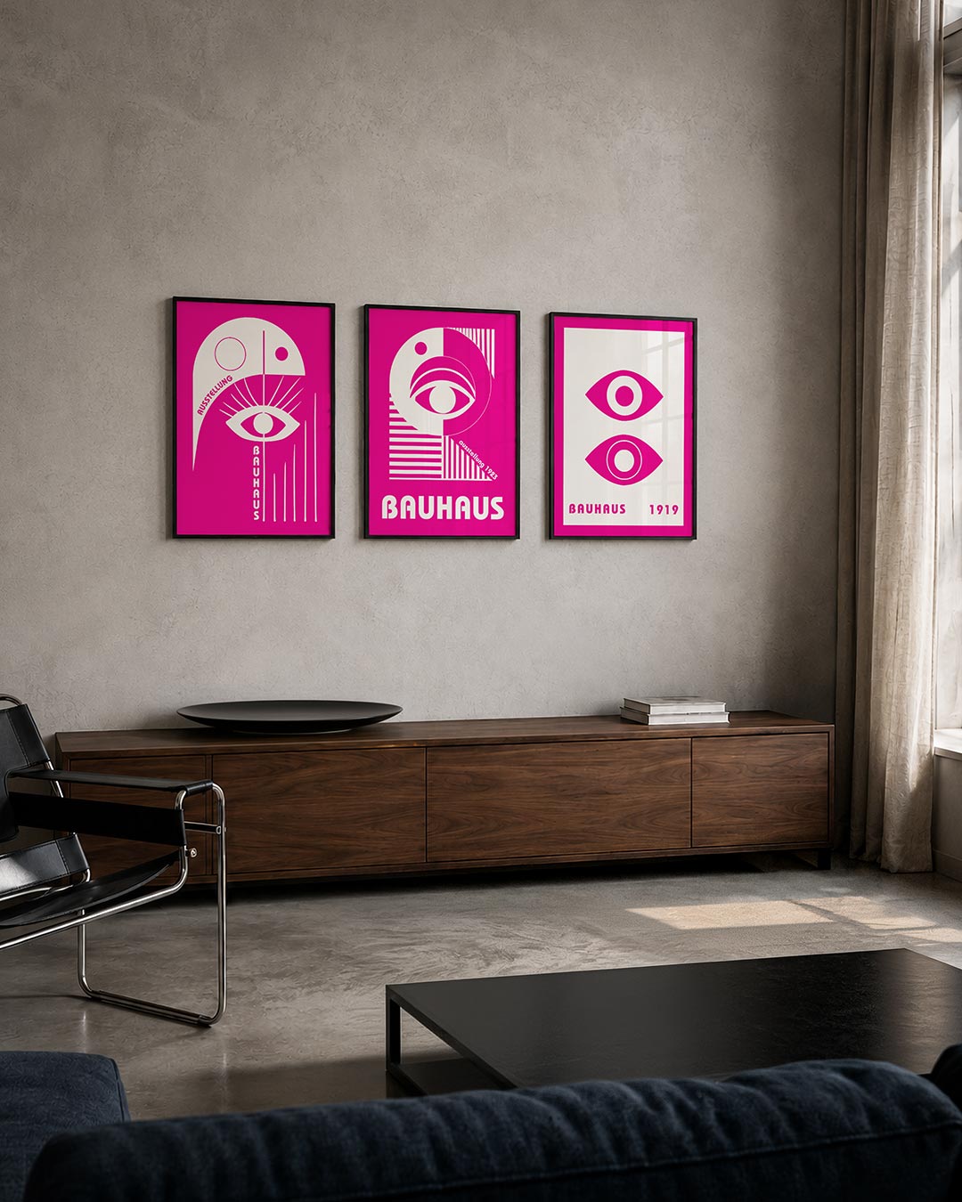 Oog en lijnen driedelige posterset – deze posterset in drie delen toont een speelse combinatie van een groot oog met strakke