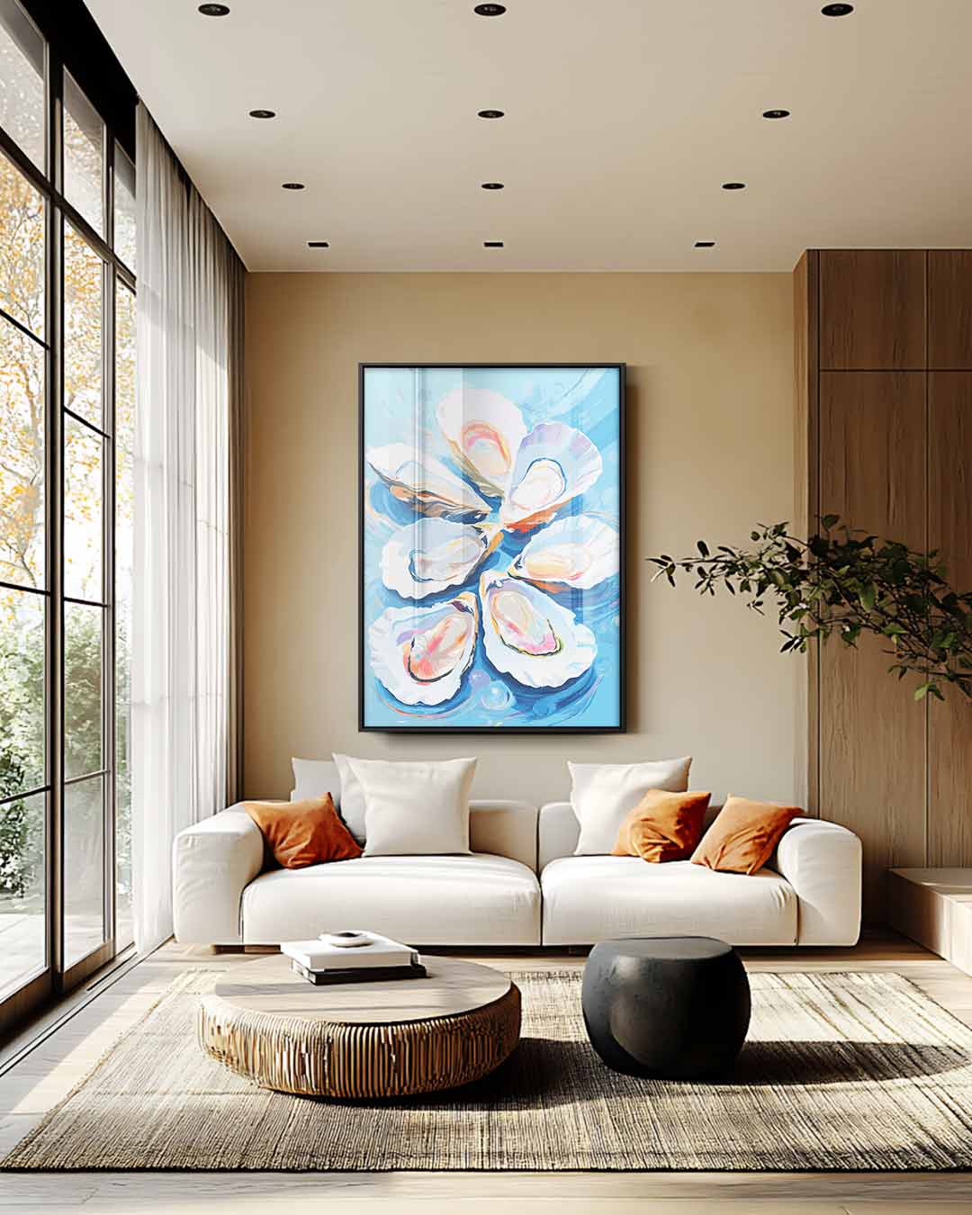 Vrolijke Oesters op Zee – staande wandkunst voor woonkamer of interieur