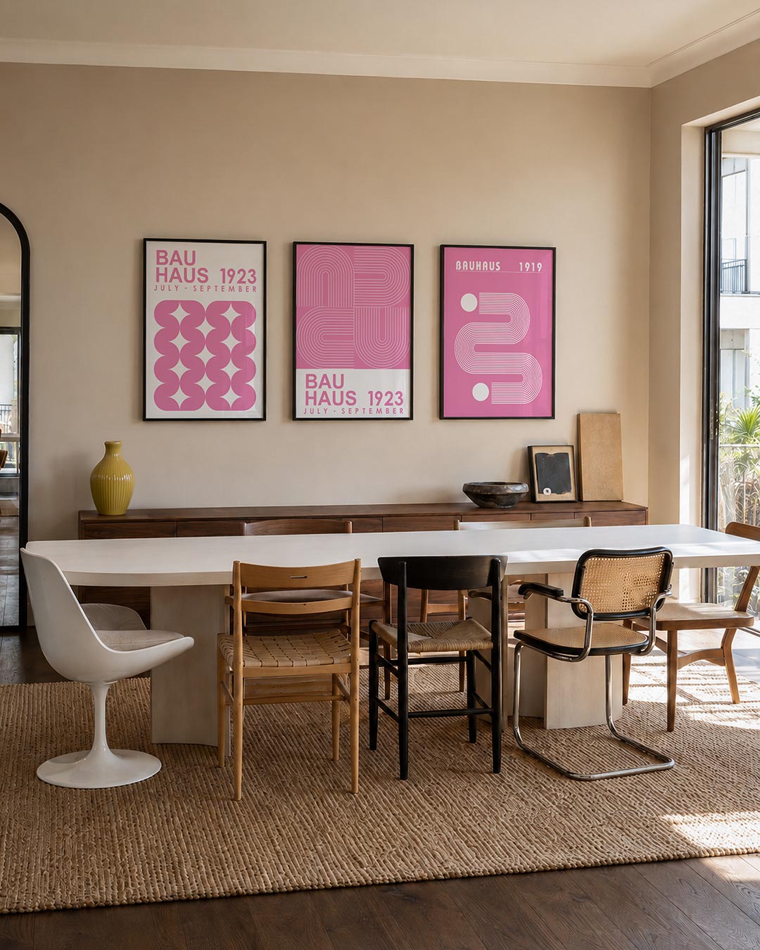 Roze vormenritme driedelige posterset – deze posterset in drie delen toont een speelse herhaling van roze, gebogen vormen