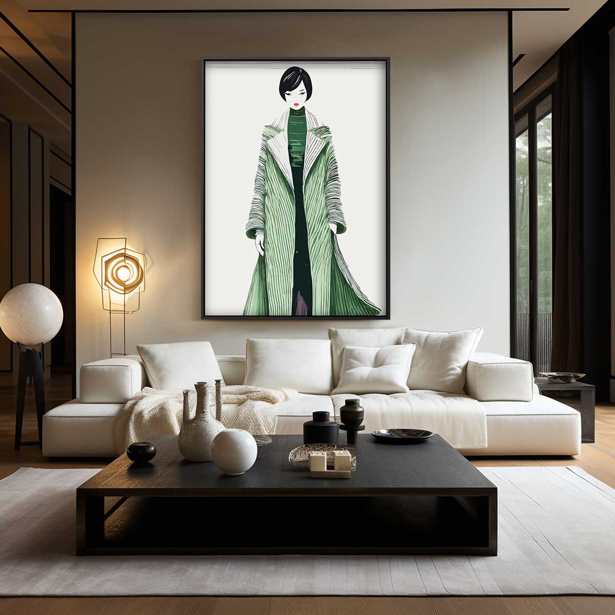 Moderne Modekunst met Groene Jas – modern portret kunstwerk van WallArtistic