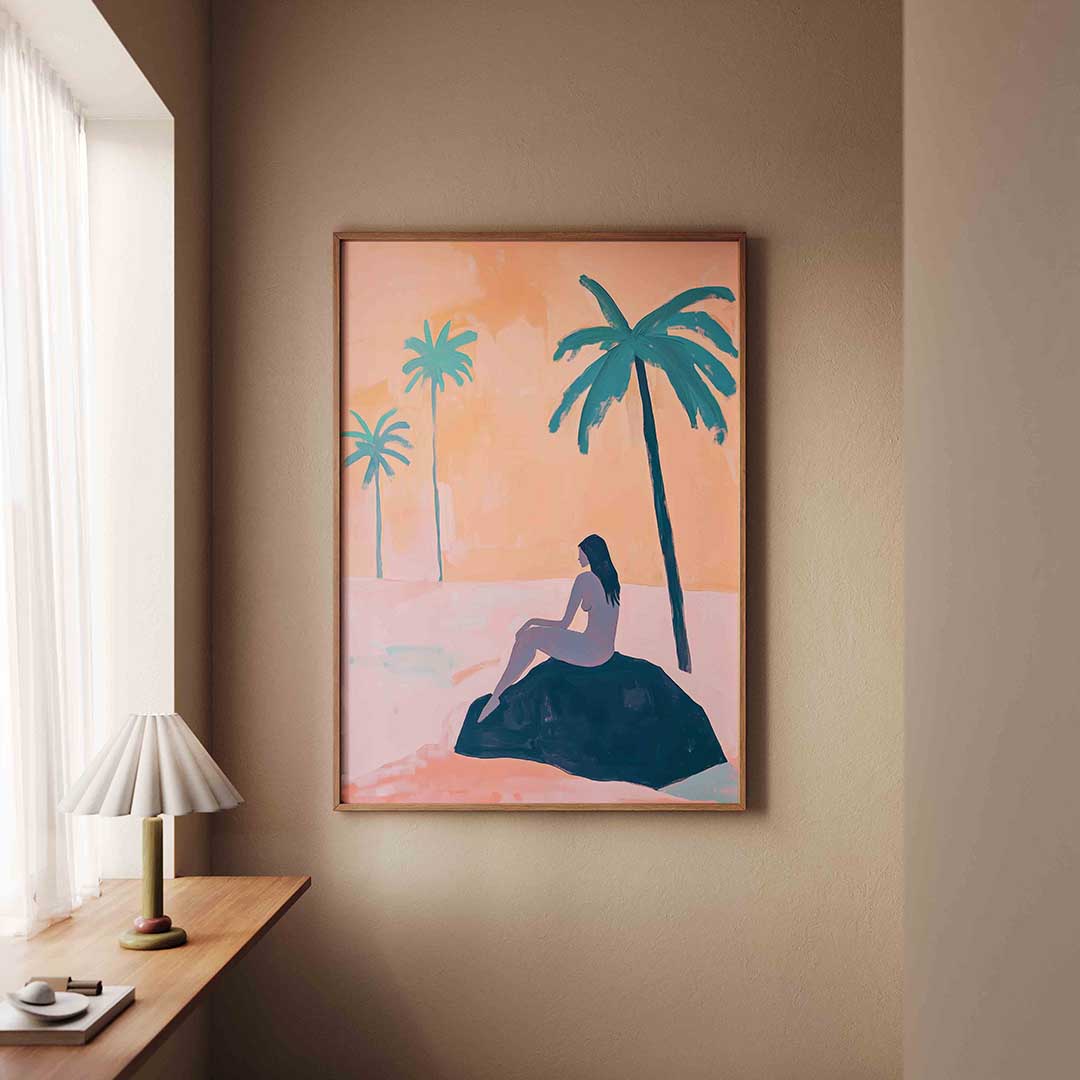 Zittende figuur met palmbomen – staande jungle wanddecoratie van WallArtistic