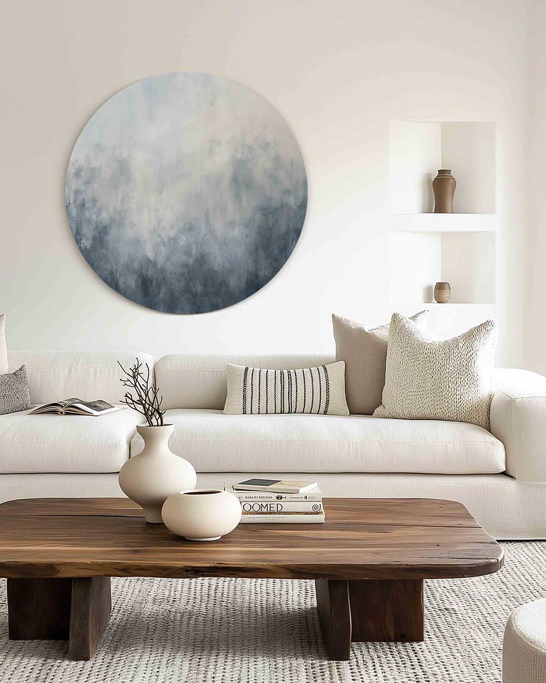 Abstracte blauwe – muurcirkel met kleur en vormen voor aan de muur