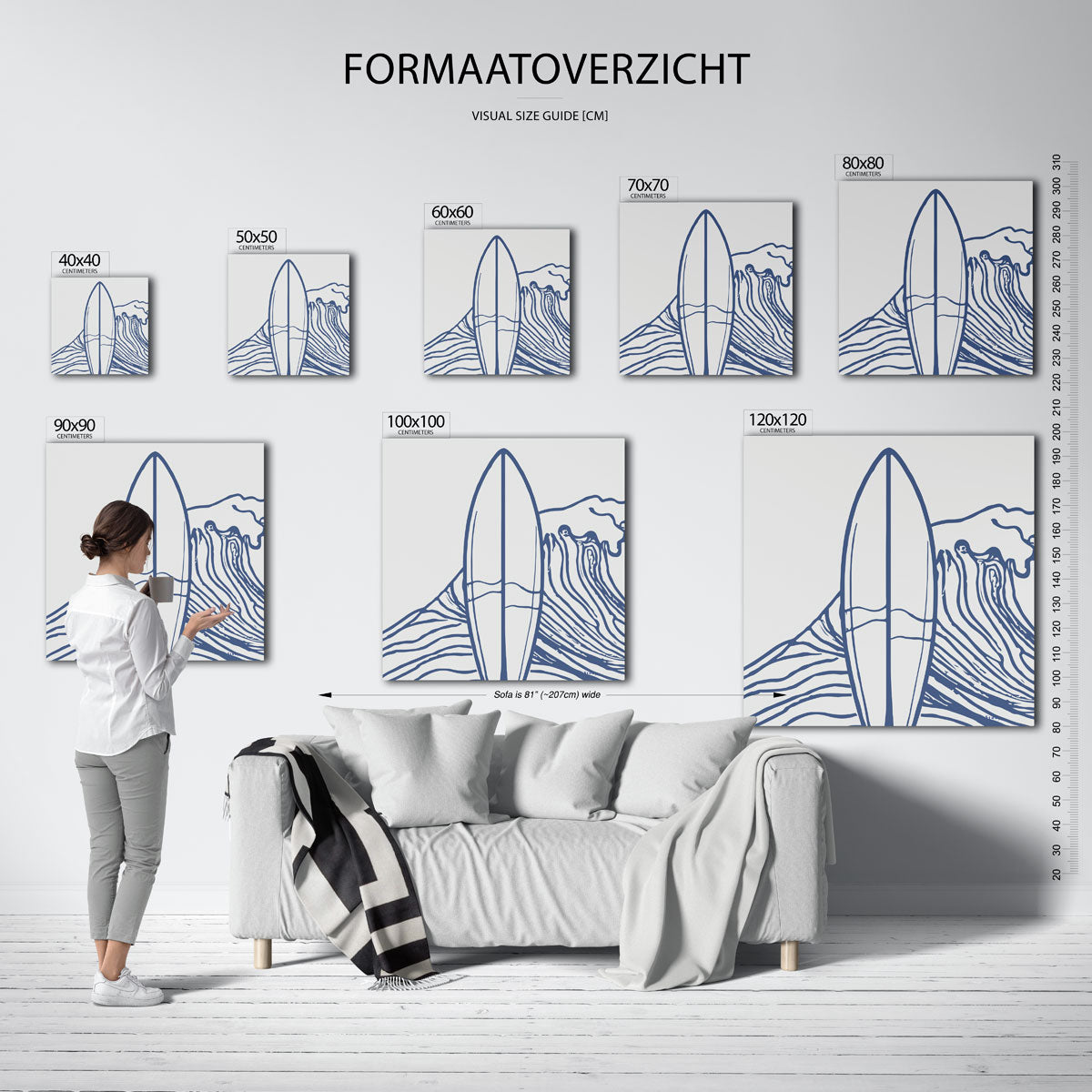 Surfplank en golven – vierkante muurposter met kleurrijke vormen