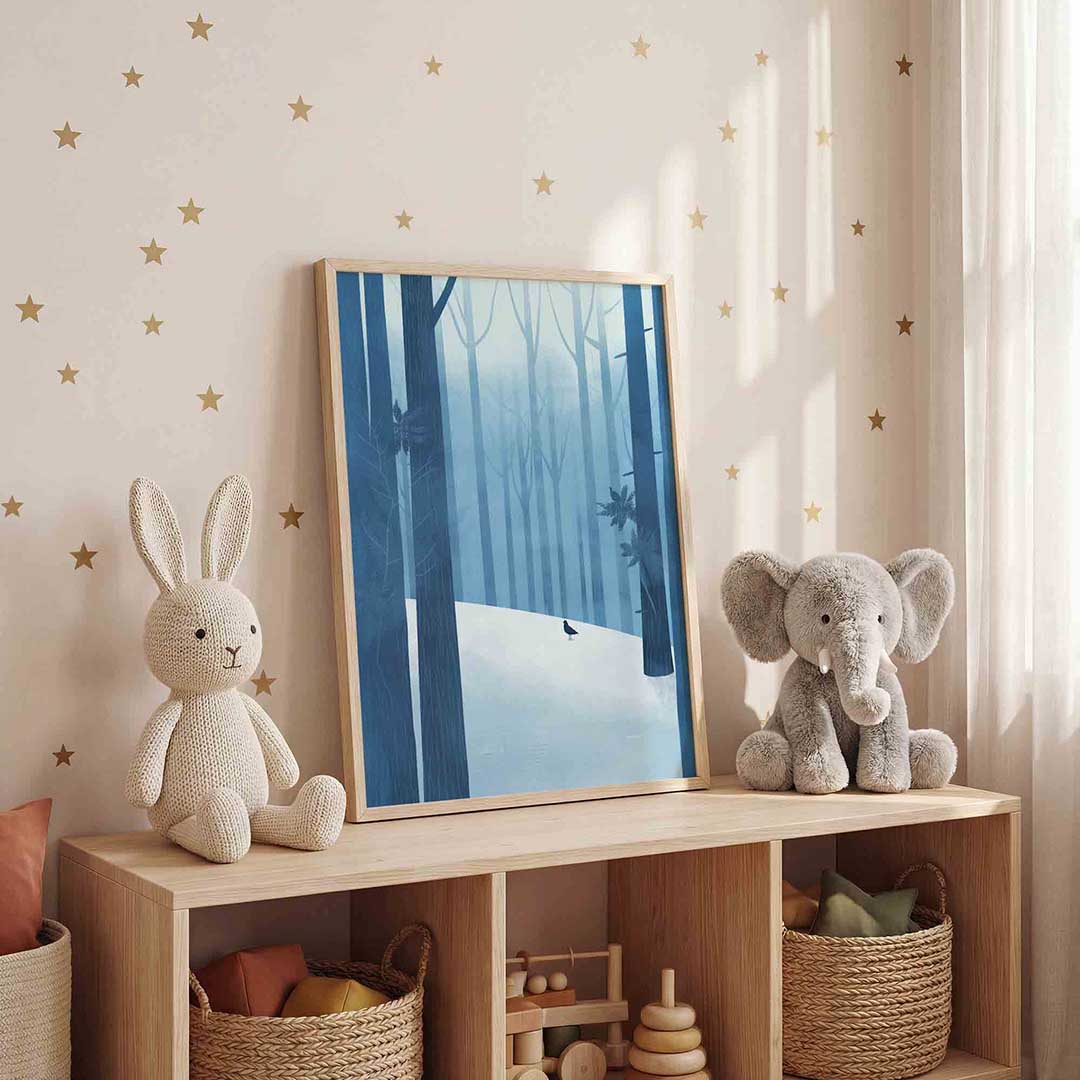 Winterbos met vogel – staande kinderkamer wanddecoratie van WallArtistic