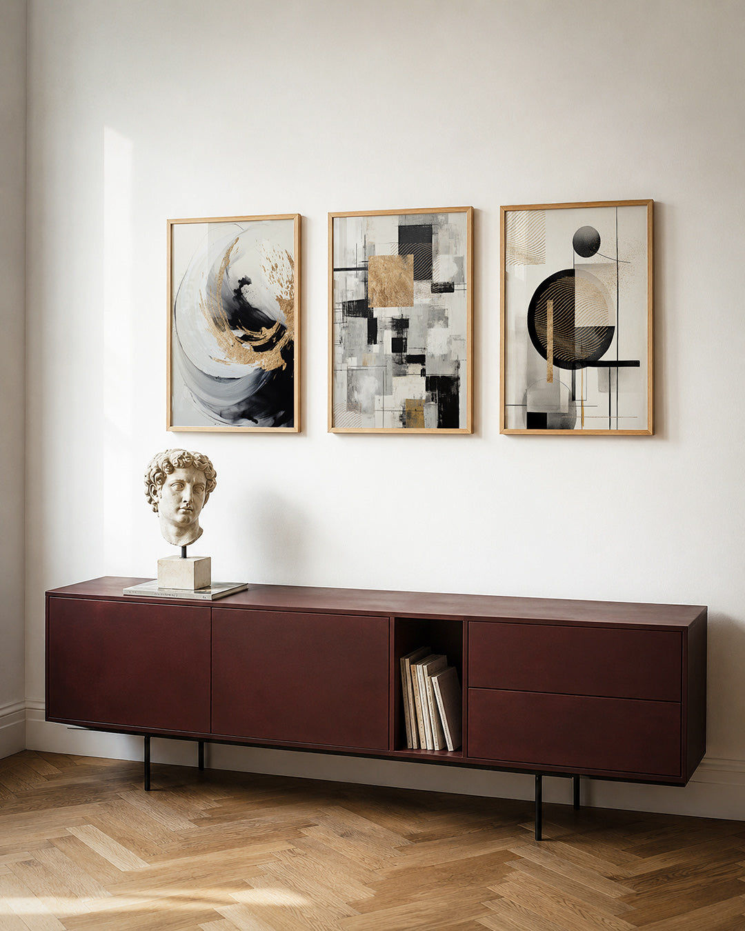 Gouden vortex posterset – detailweergave – deze compositie toont een dynamisch spel van zwart, wit en
