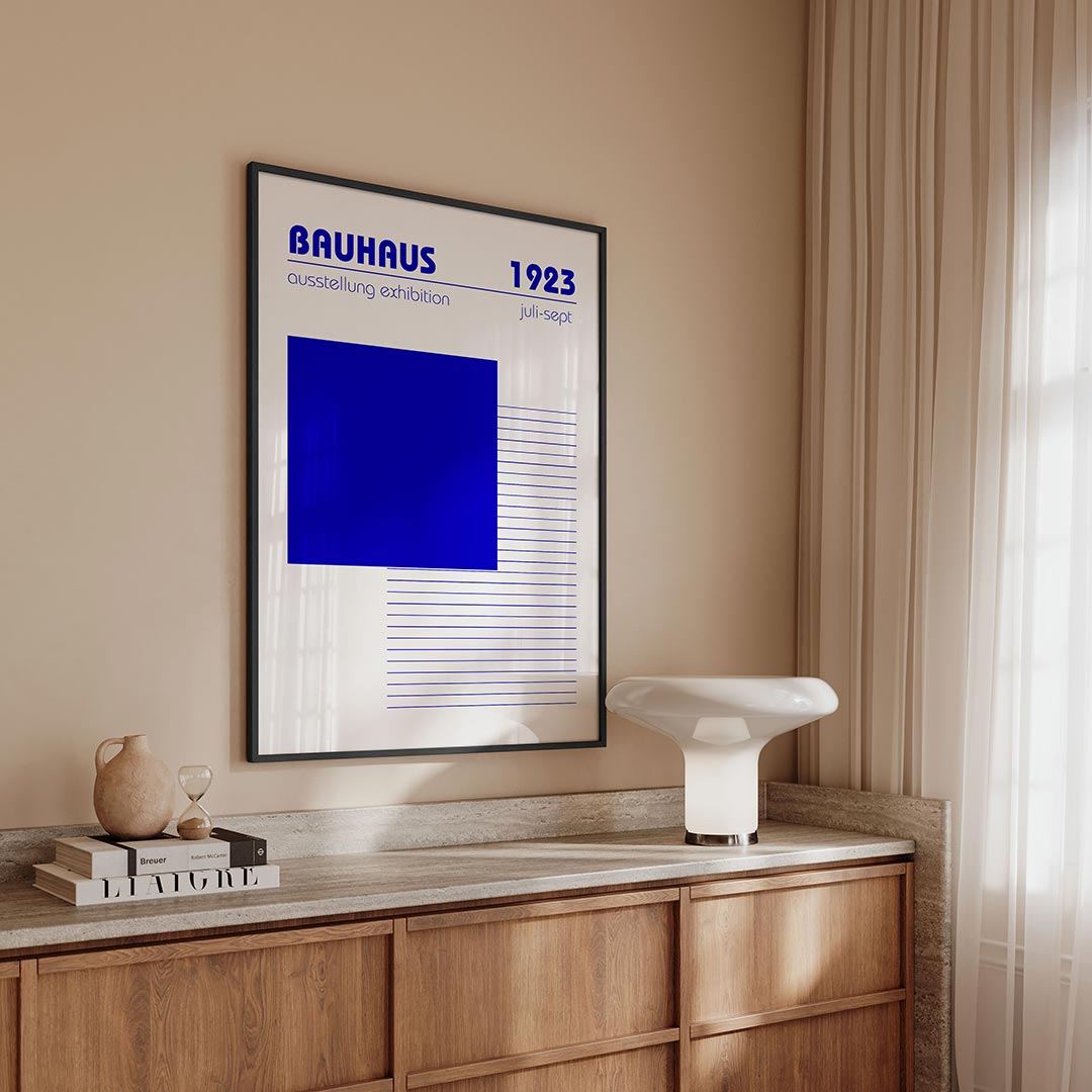 Blauw vlakritme – geometrische Bauhaus poster in staand formaat