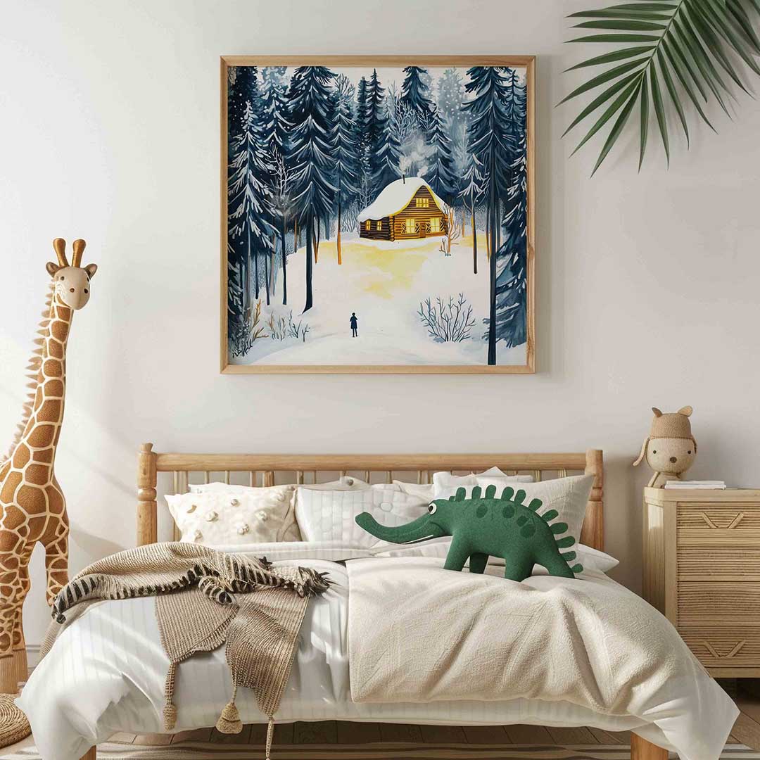 Sneeuwlandschap met houten huis – vierkante kinderkamer wanddecoratie van WallArtistic