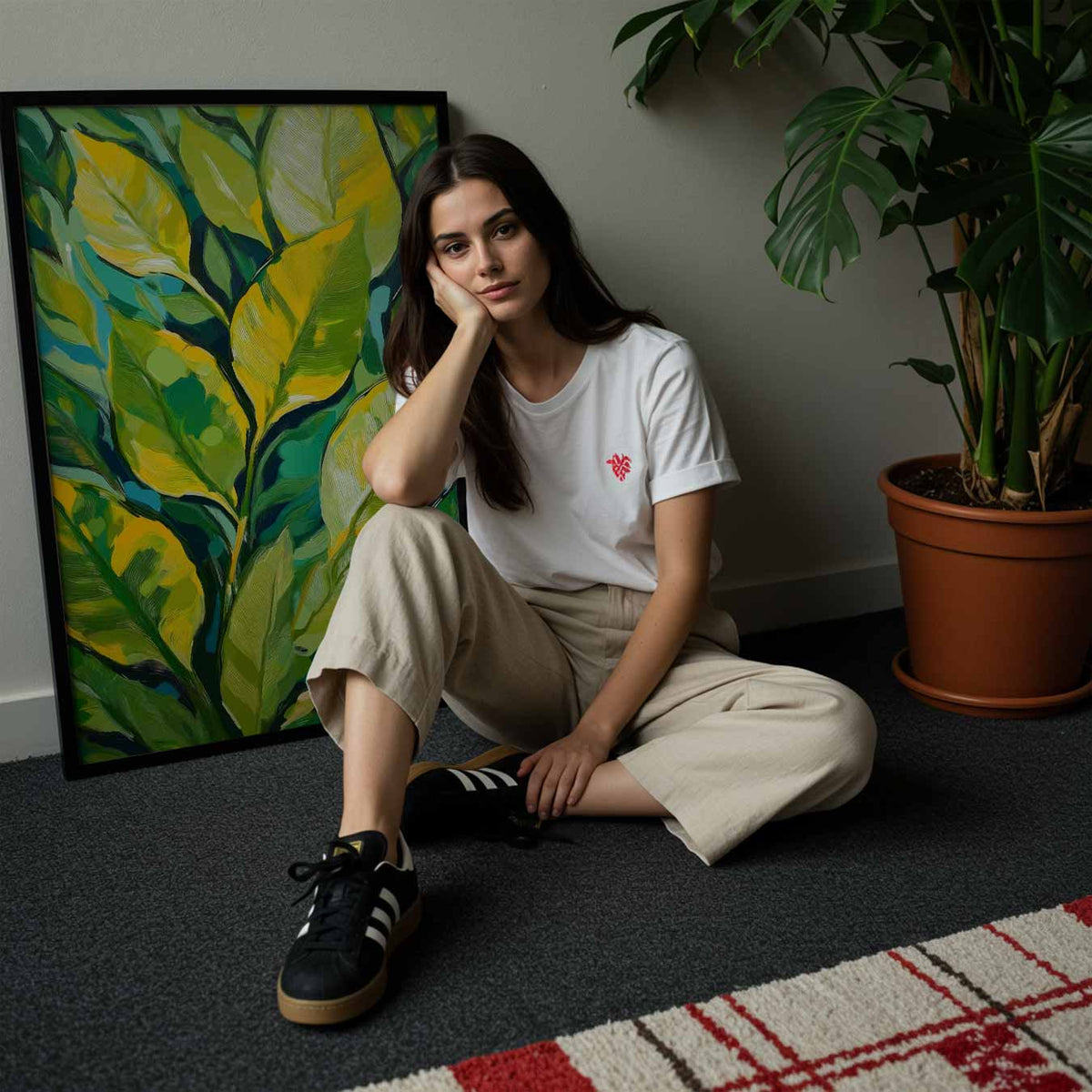 Groene Blaadjes Kunstposter – staande muurposter met bloemen