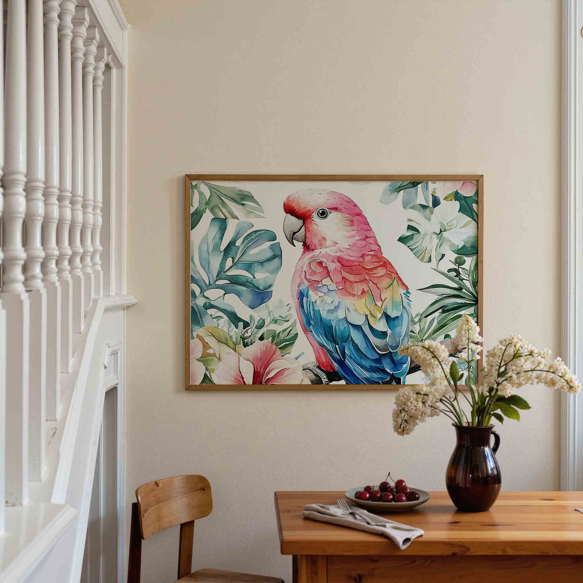 Papegaai en bladeren – dieren poster in liggend formaat
