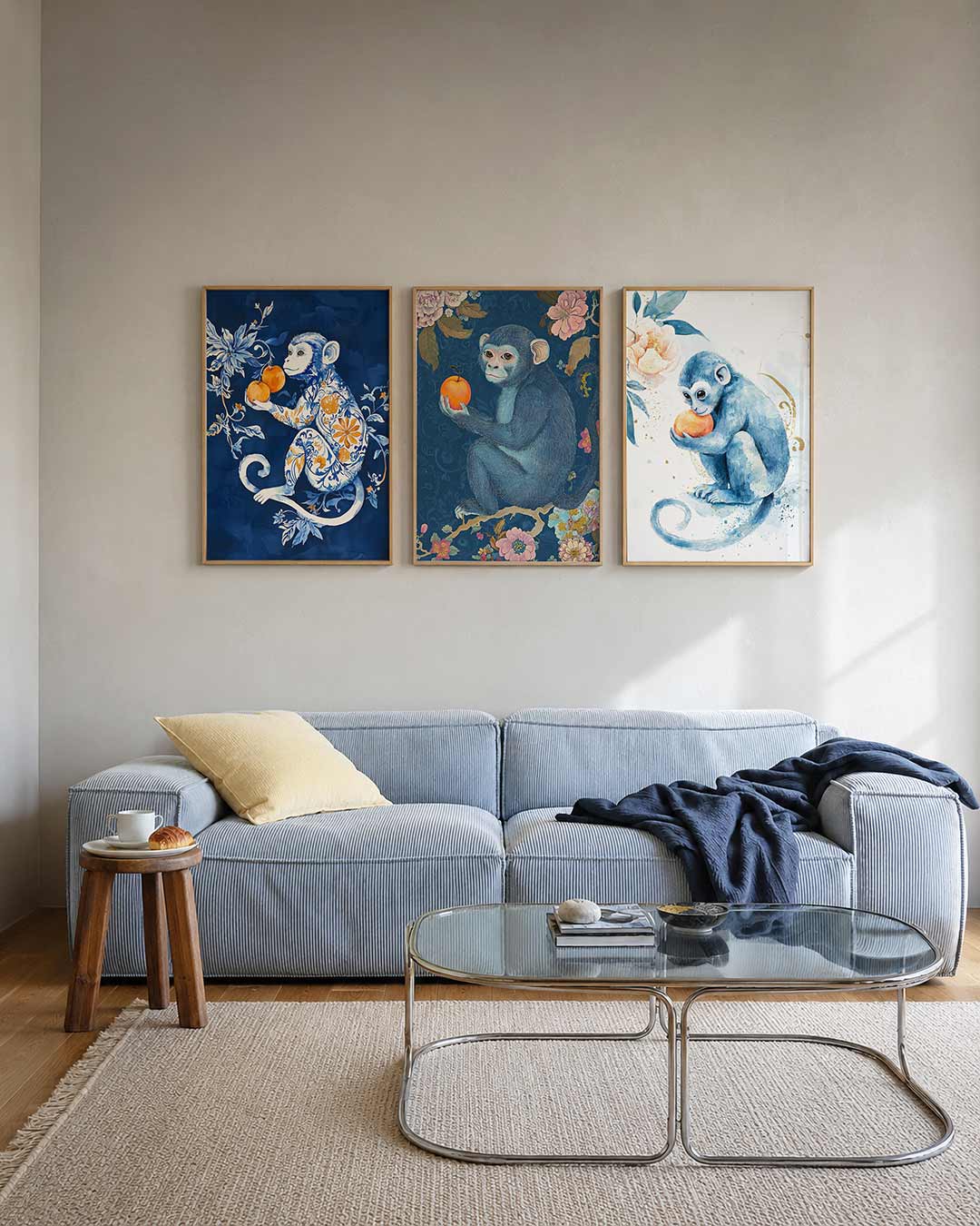 Vorm en kleurenspel posterset – tweede productweergave – een speelse aap met sierlijke bloemen en vruchten in blauw