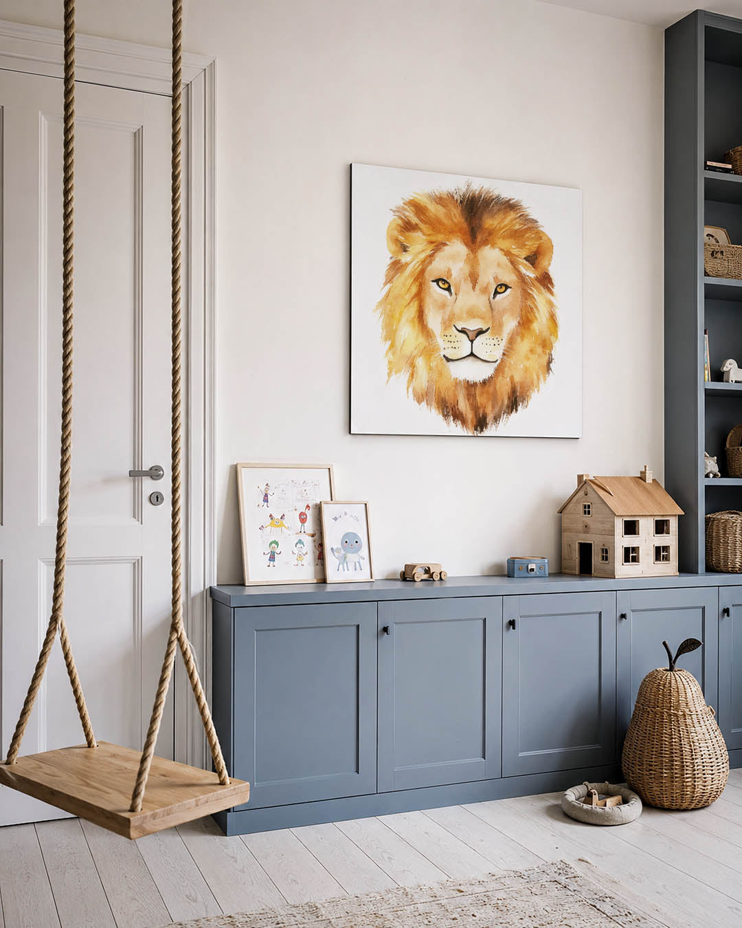Leeuwenkop aquarel kunstwerk – vierkante wanddecoratie – dit kunstwerk toont een gedetailleerde leeuwenkop in warme tinten
