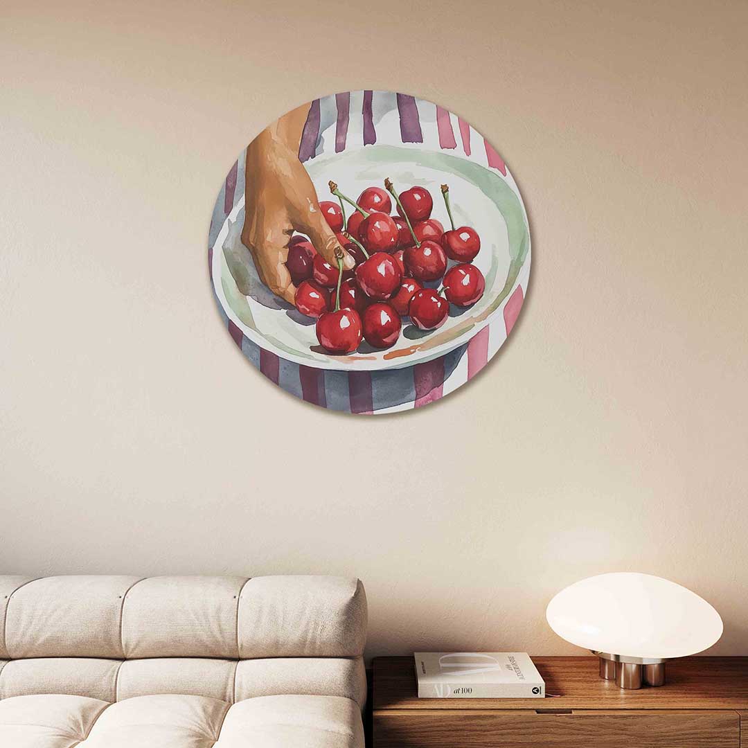 Kersen op schaal – moderne abstracte muurcirkel voor aan de muur
