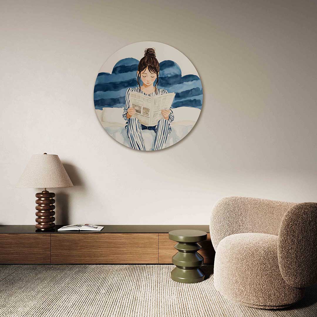 Lezende vrouw – abstracte muurcirkel als ronde wanddecoratie