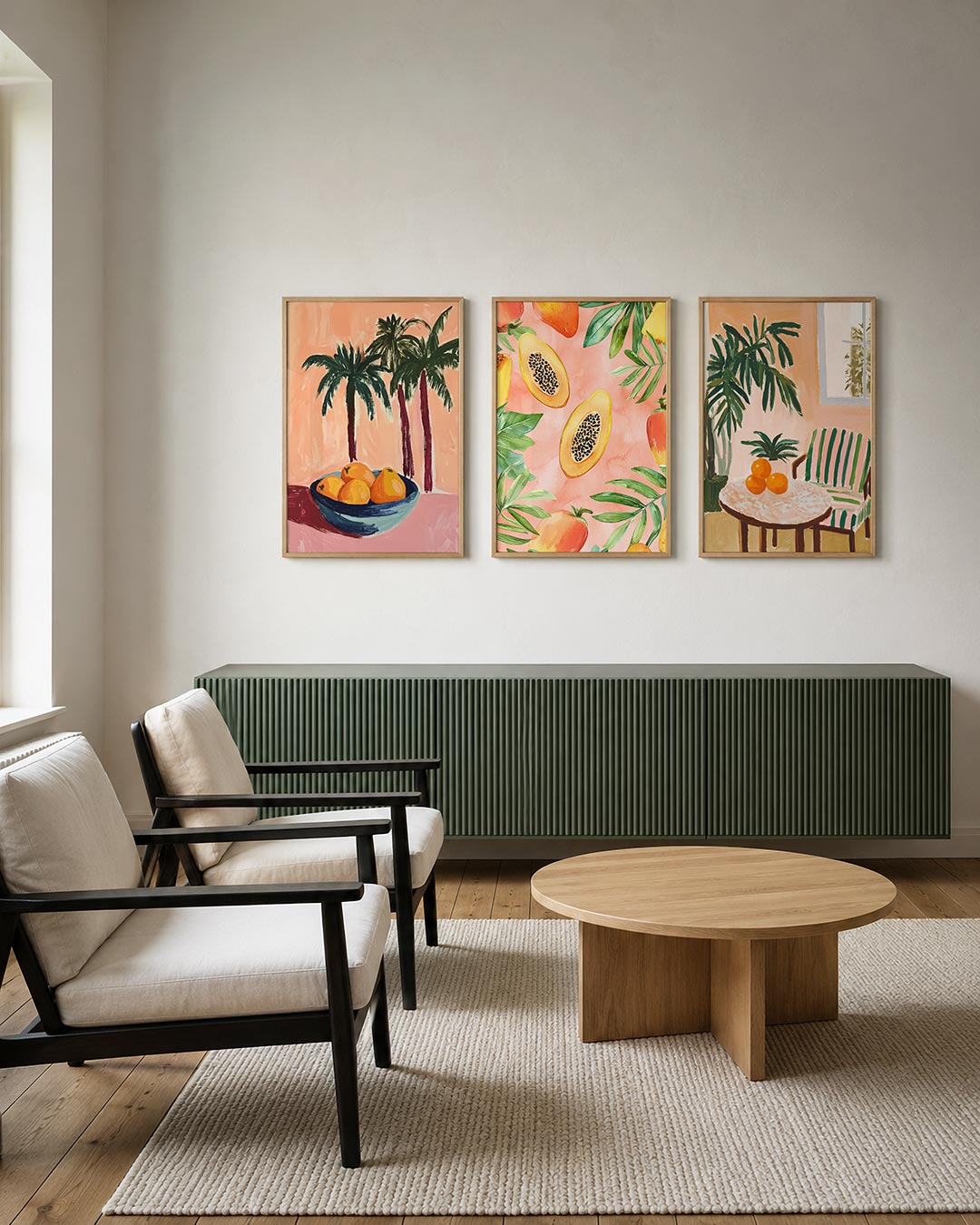 Tropische vruchten posterset – tweede productweergave – deze kleurrijke compositie toont een schaal met feloranje