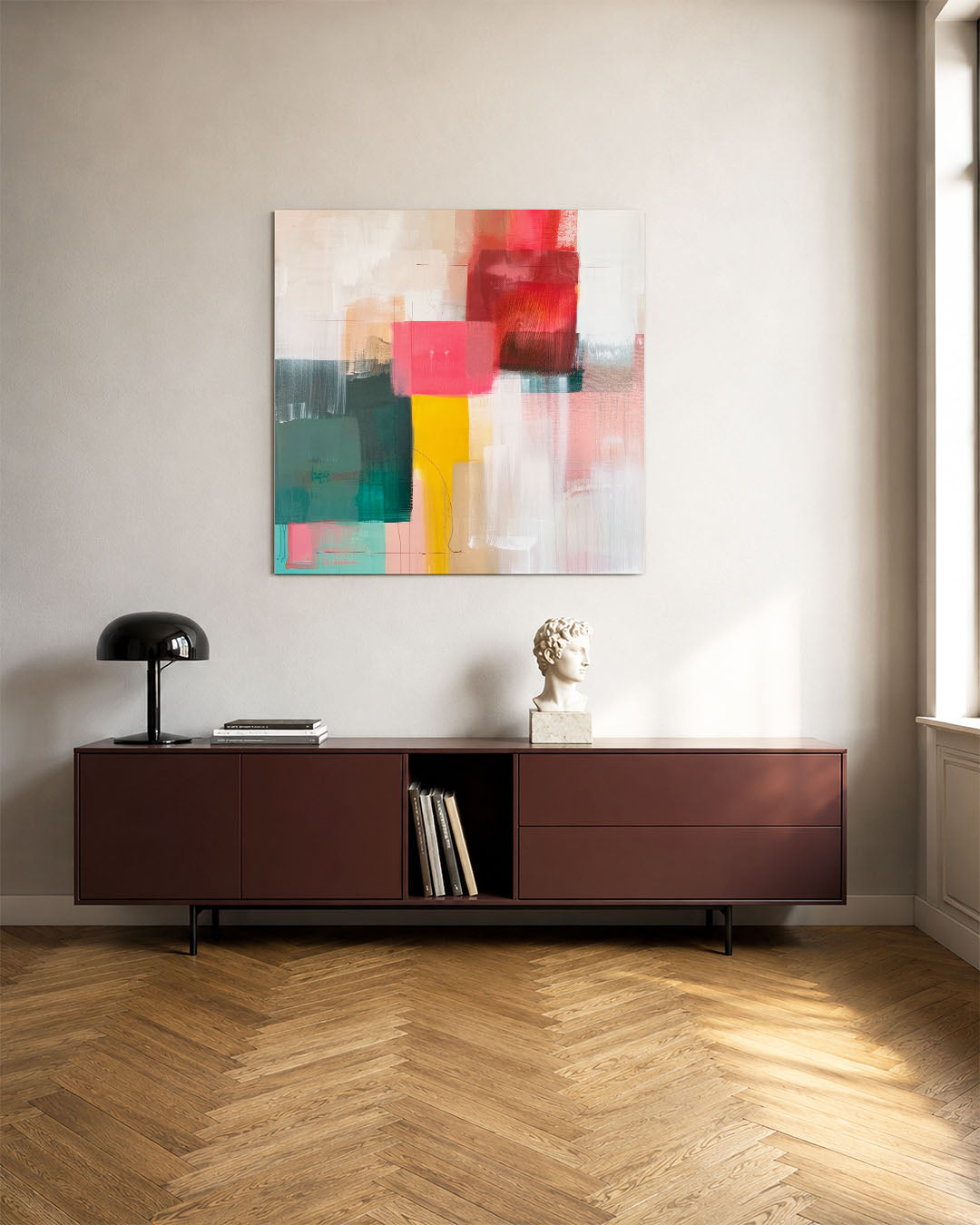 Kleurrijke geometrie kunstwerk – tweede productweergave – dit werk toont een dynamische compositie van rechthoeken en