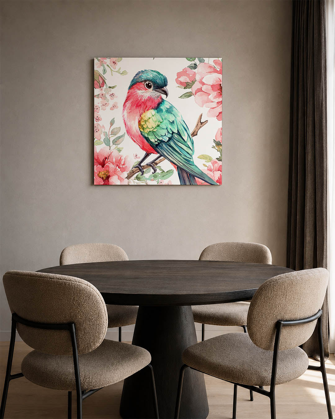 Vogel en bloemen kunstwerk – derde productweergave – dit kunstwerk toont een kleurrijke vogel omringd door bloemen. De