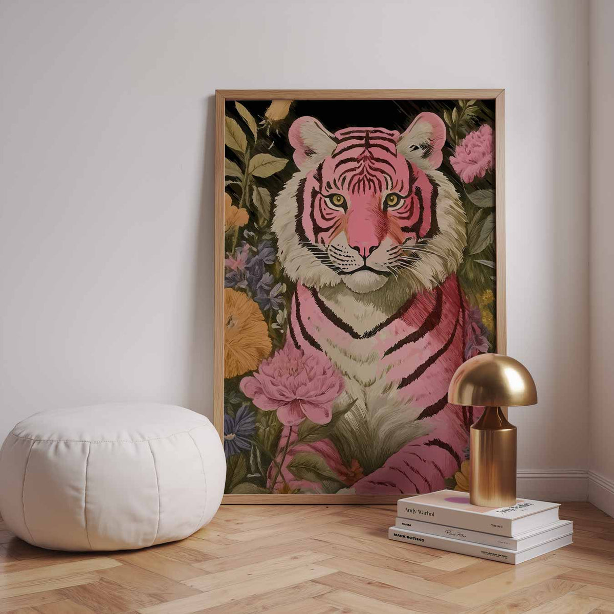 Roze Tijger met Bloemen – dieren poster in staand formaat