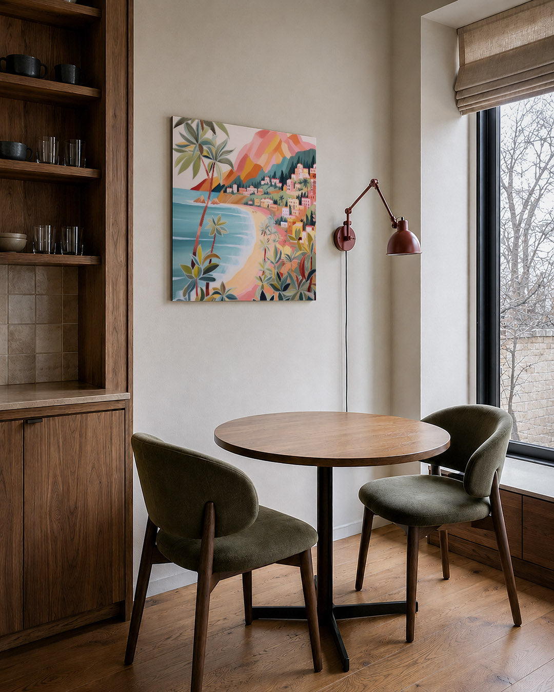 Kleurrijke kustlijn kunstwerk – derde productweergave – dit werk toont een levendige kustlijn met kleurrijke gebouwen en