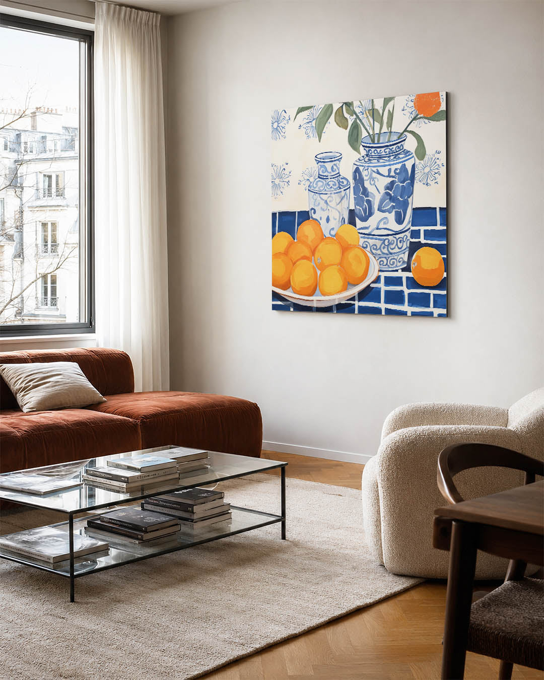 Vazen en sinaasappels kunstwerk – vierkante wanddecoratie – dit werk toont twee gedetailleerde vazen met blauwe patronen