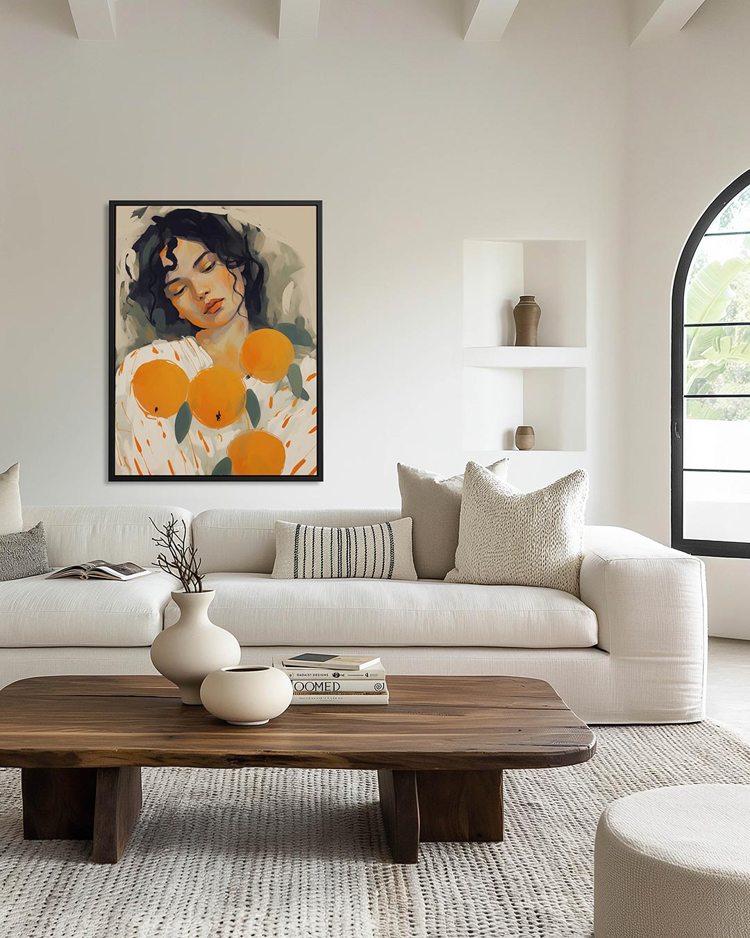 Dromerige vrouw en sinaasappels – kunstwerk als stijlvolle wanddecoratie