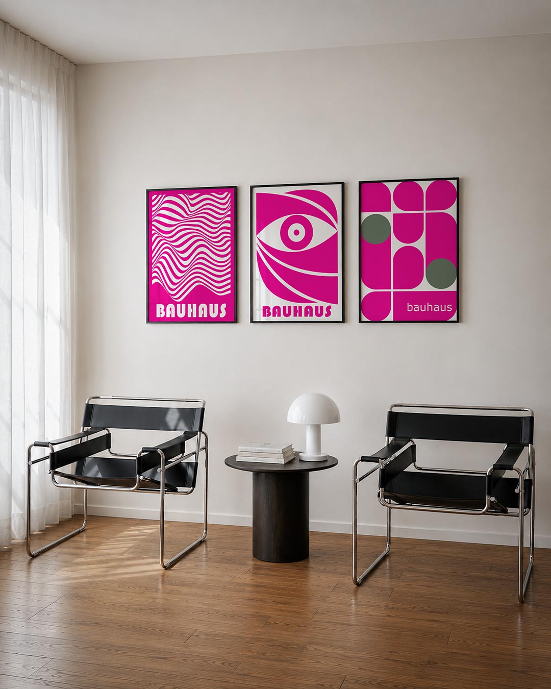 Golvend lijnenspel posterset – tweede productweergave – deze posterset in drie delen toont levendige roze en witte golvende