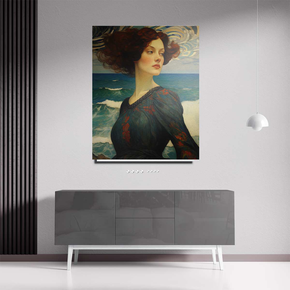 Dromerige dame aan zee – staande wandkunst voor woonkamer of interieur
