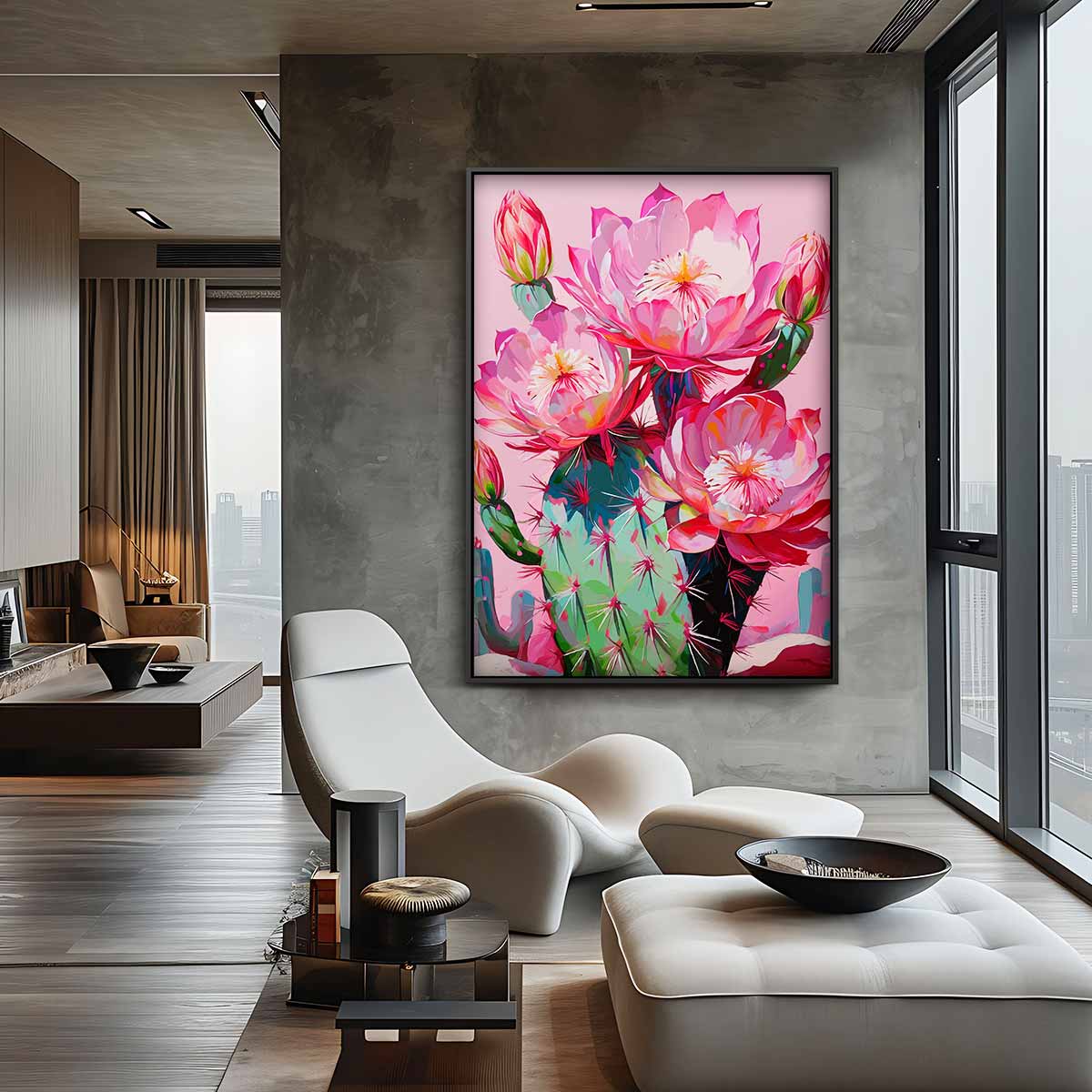 Kleurrijke Cactusbloemen Schilderij – staand kunstwerk voor modern interieur
