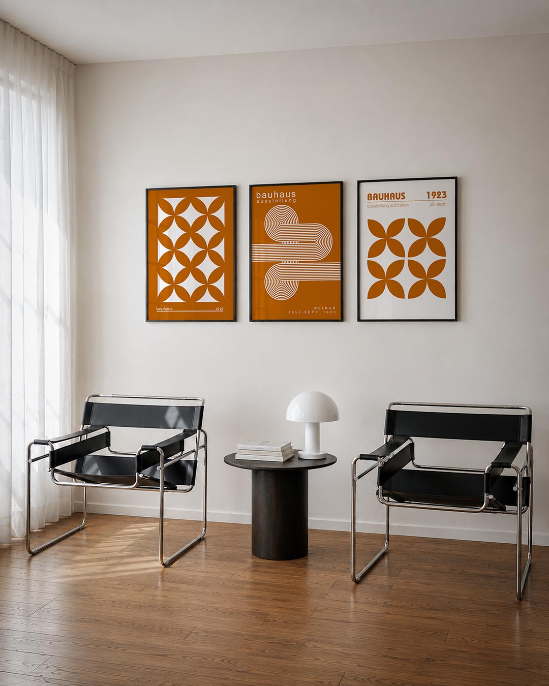Vormritme en kleur driedelige posterset – deze posterset in drie delen toont een ritmisch patroon van overlappende oranje