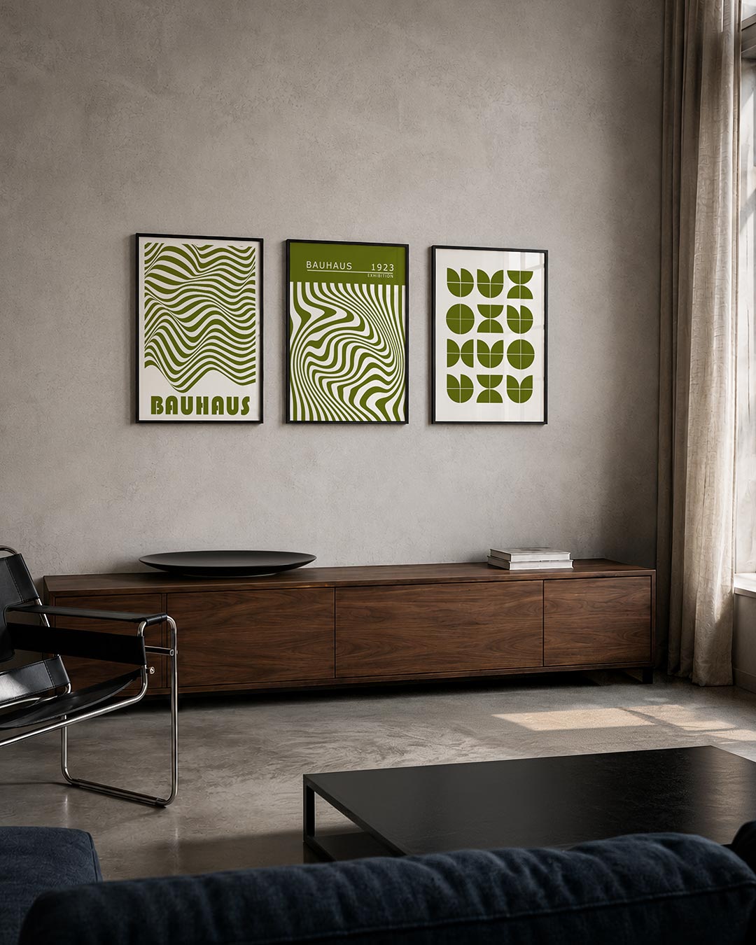 Golvend lijnenspel posterset – tweede productweergave – deze posterset in drie delen toont vloeiende, golvende lijnen in