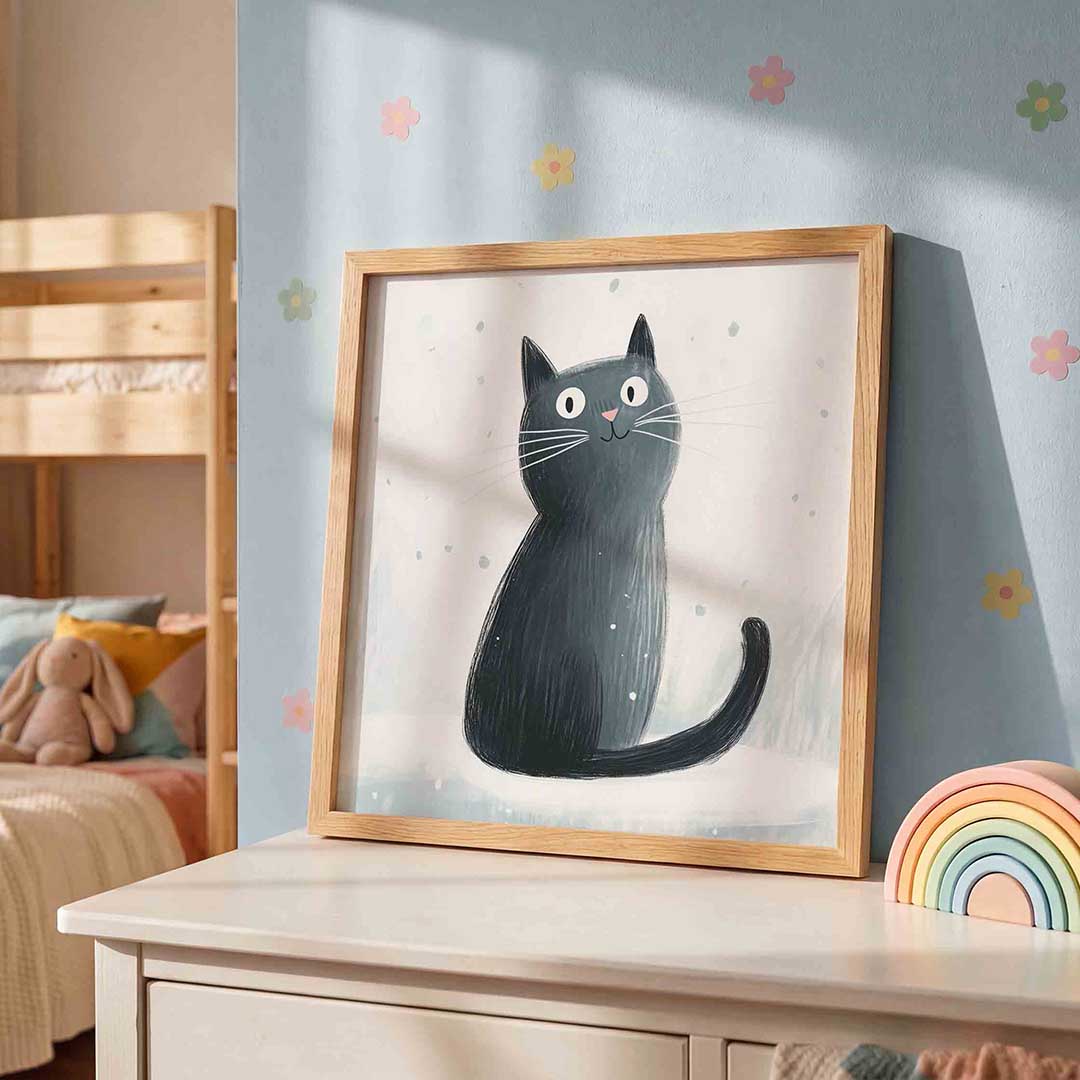 Zwarte kat – speelse wandkunst als vierkante kinderposter