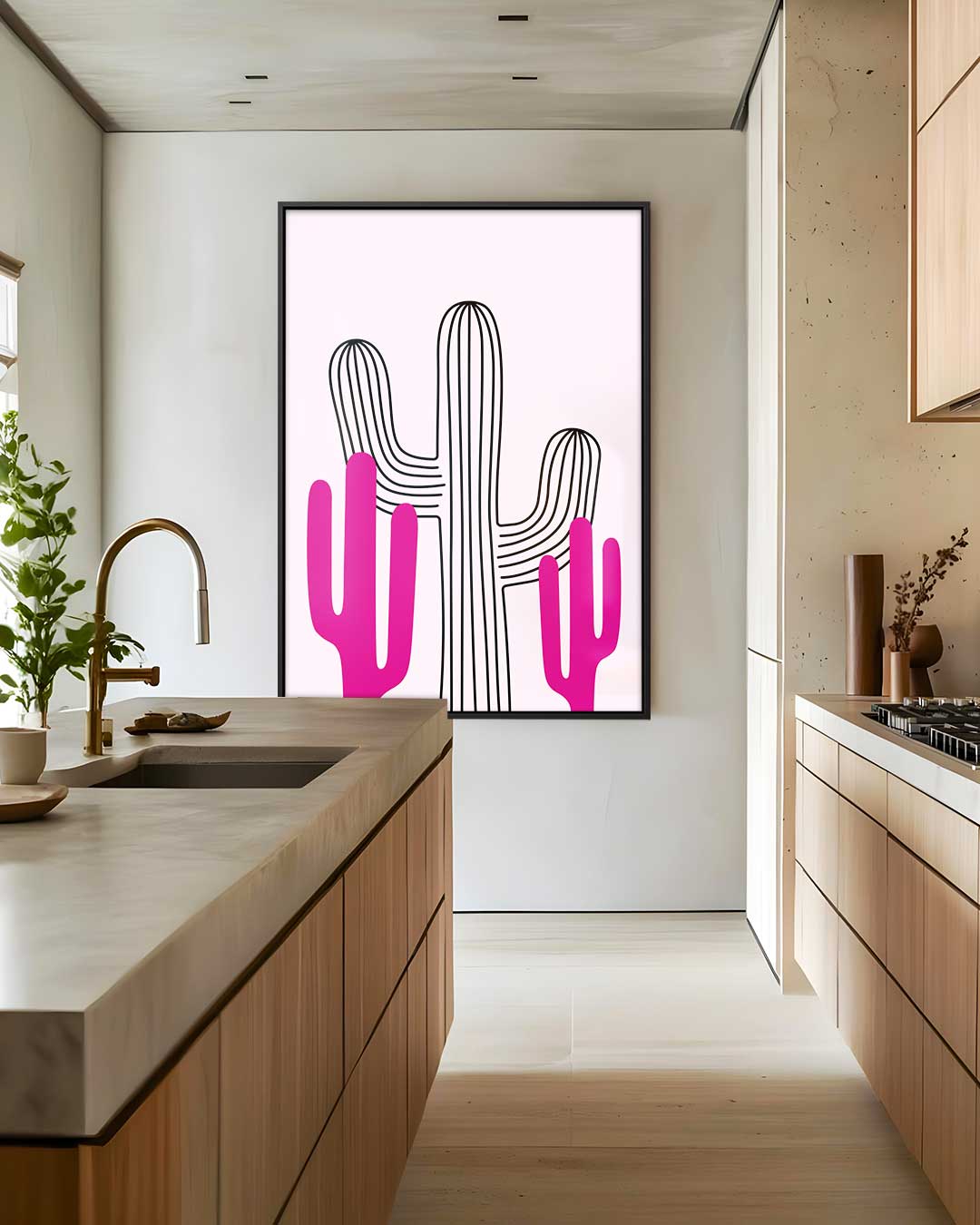 Vrolijke Cactussen in Roze – kunstwerk met zwarte baklijst
