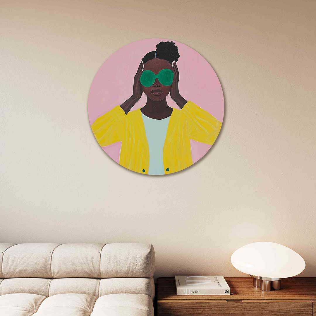 Vrouw met groene bril – moderne abstracte muurcirkel voor aan de muur