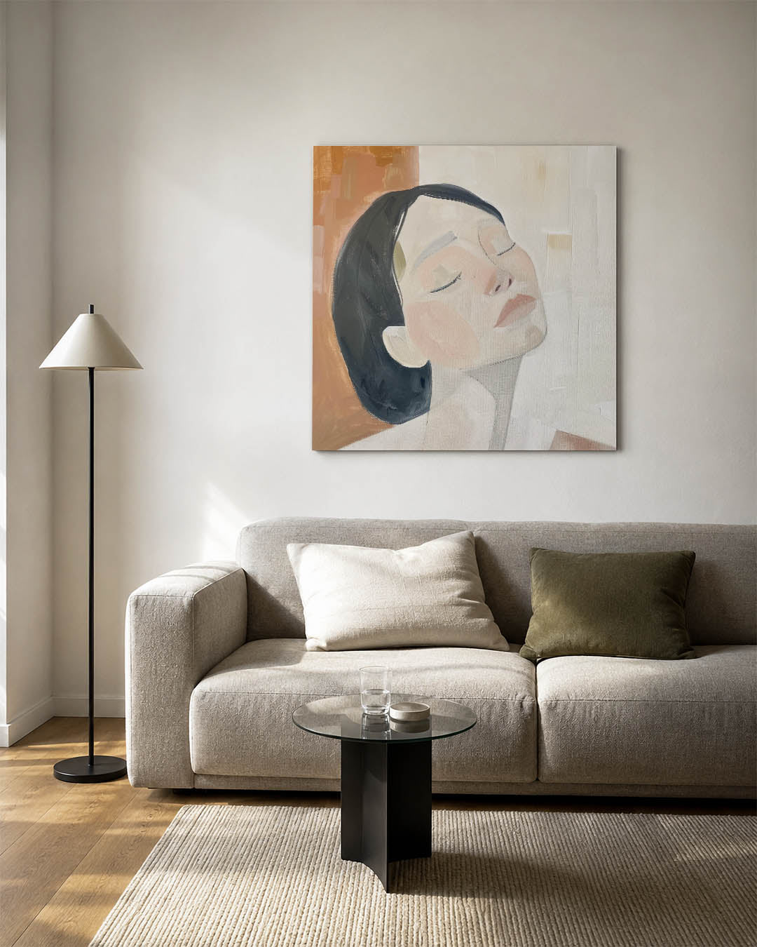 Vrouwengezicht kunstwerk – vierkante wanddecoratie – dit werk toont een vrouwengezicht met gesloten ogen. Zachte kleuren en